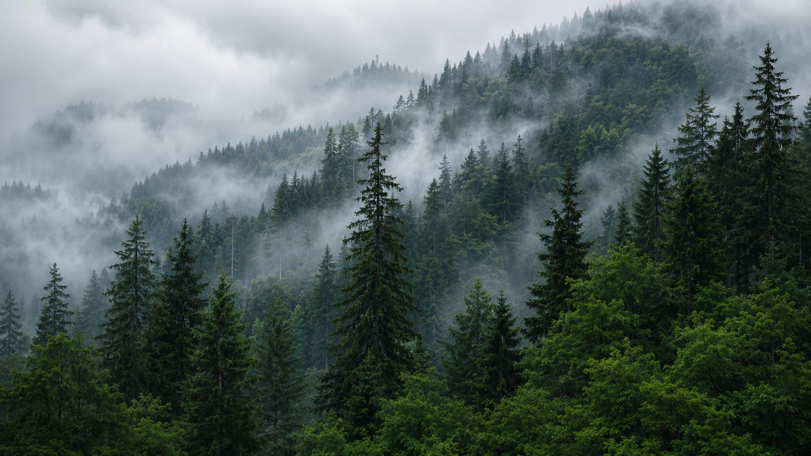 Bosque de pinos con niebla