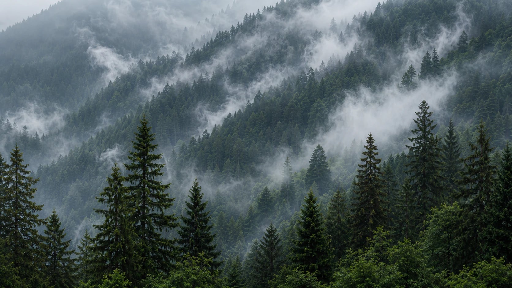 Pinos alpinos brumosos