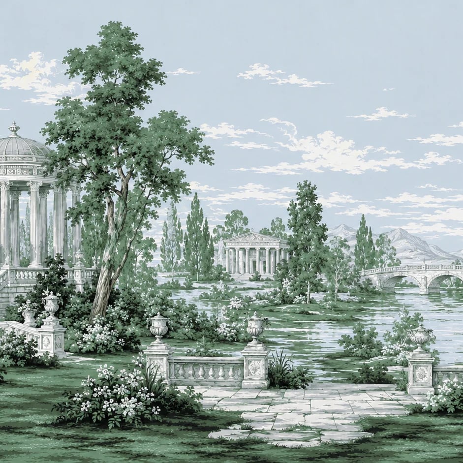 Primer plano del diseño Glorieta en jardín clásico a escala de impresión