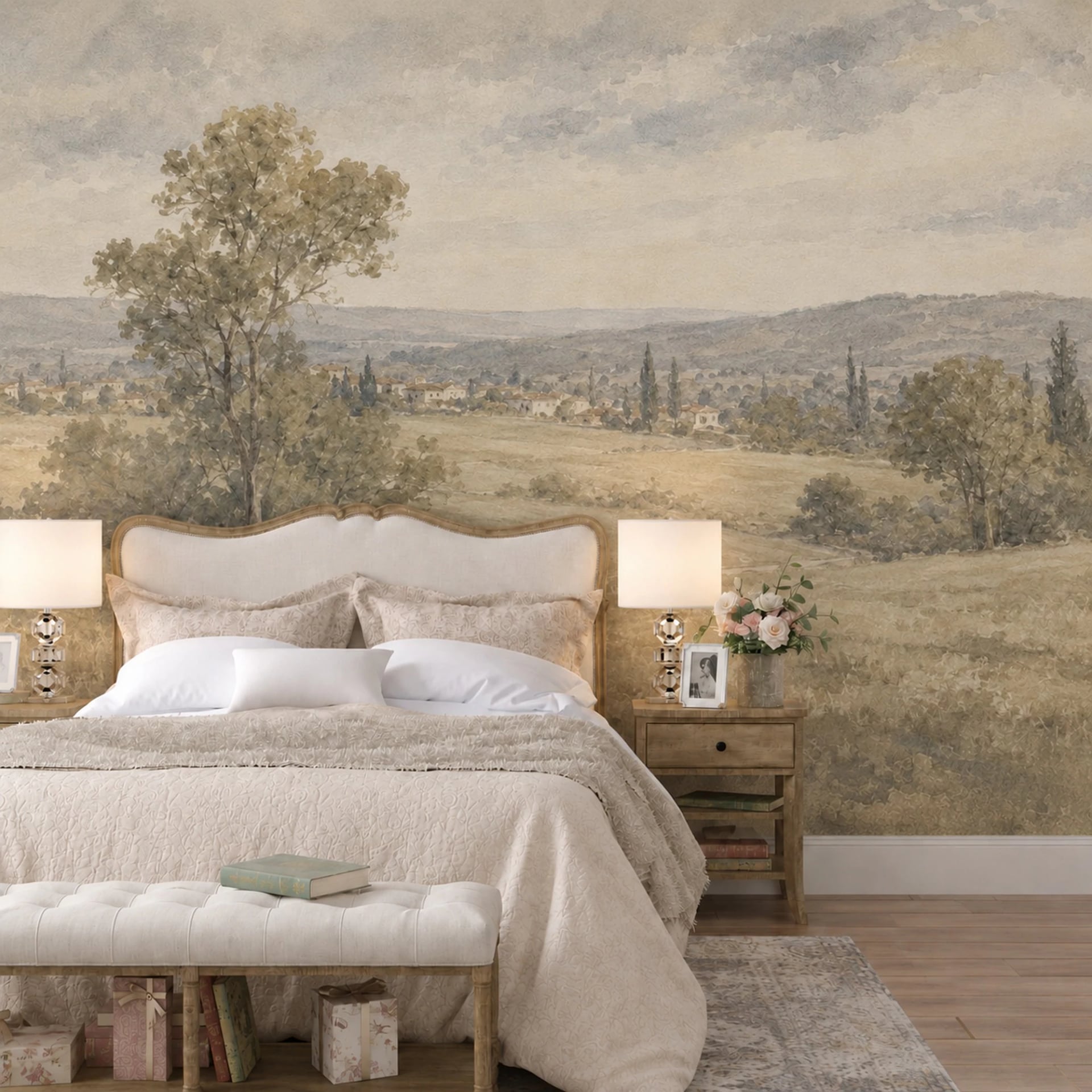 Muted Country Meadow wall mural shown in a styled interior, view 2