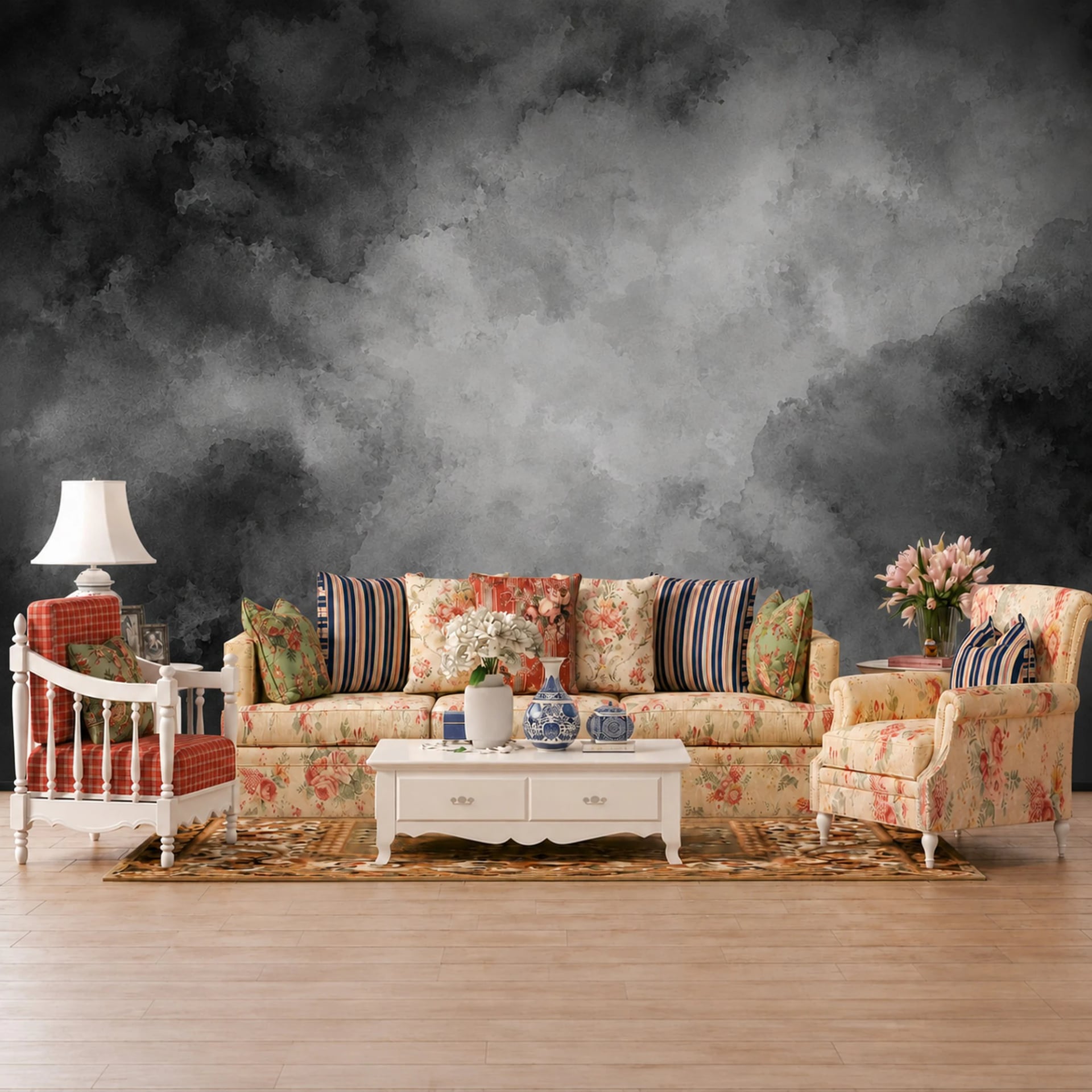 Moody Charcoal Mist wall mural shown in a styled interior, view 2