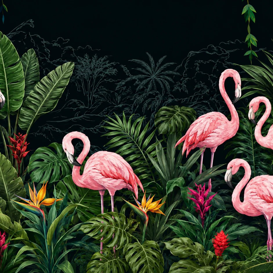 Nahaufnahme des Kunstwerks Botanische Flamingonacht im Druckmaßstab