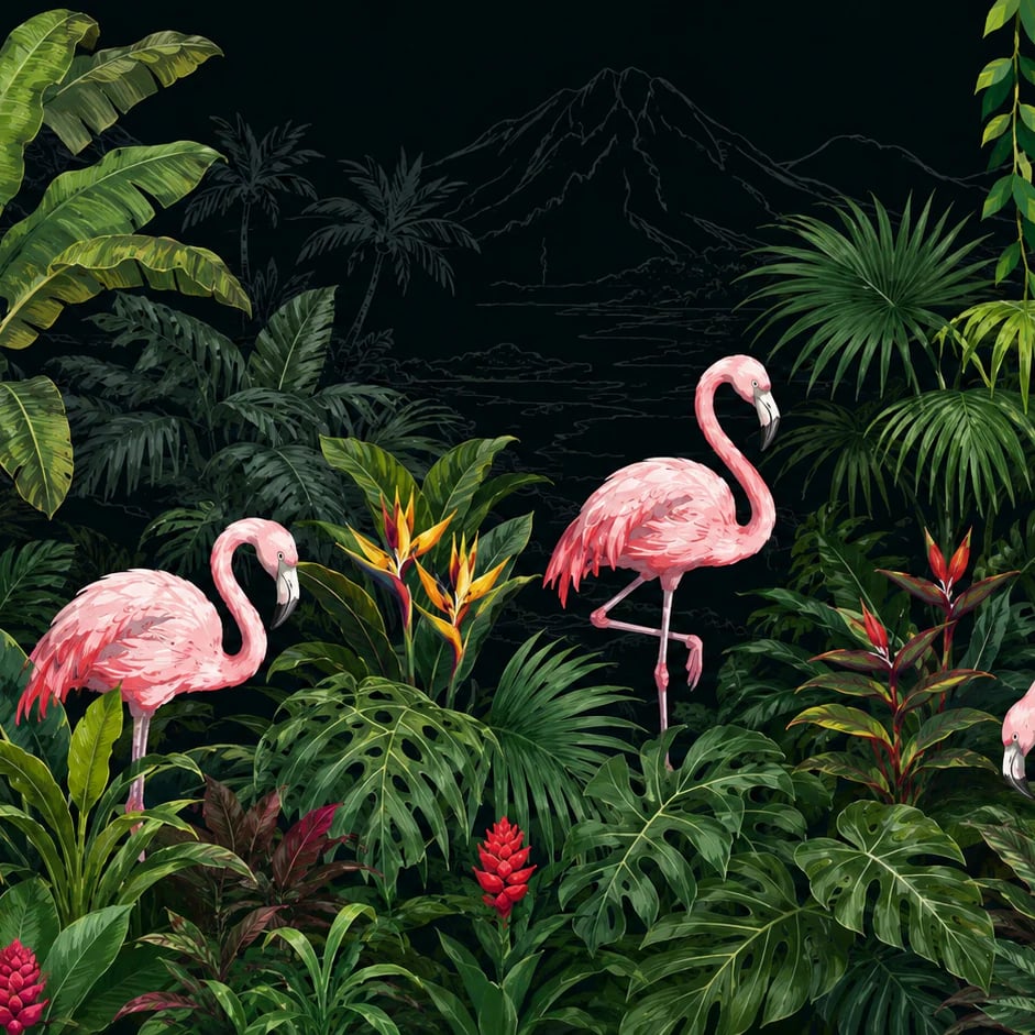 Primer plano del diseño Oasis nocturno con flamencos a escala de impresión