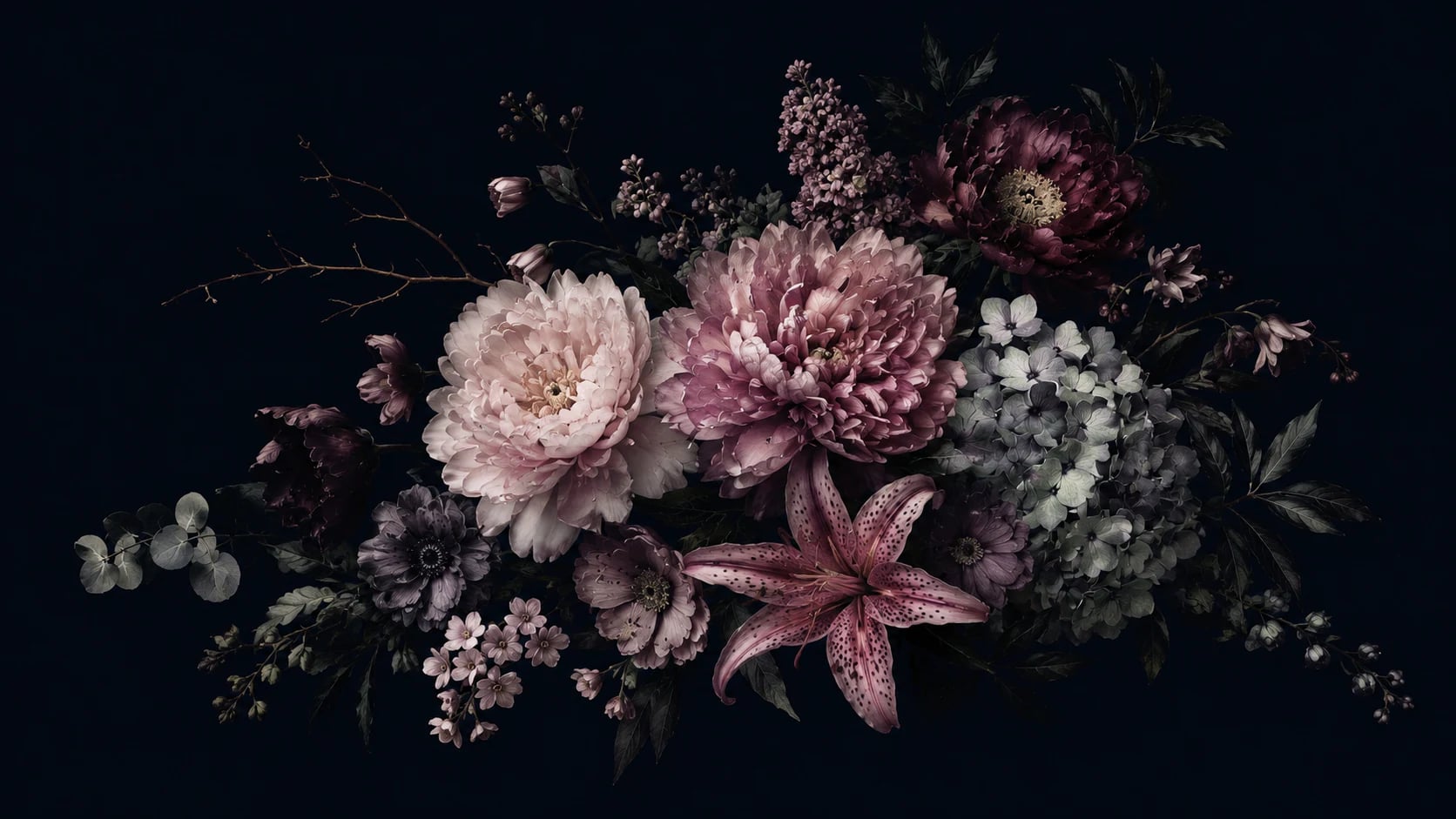 Pfingstrosen-Bouquet bei Nacht