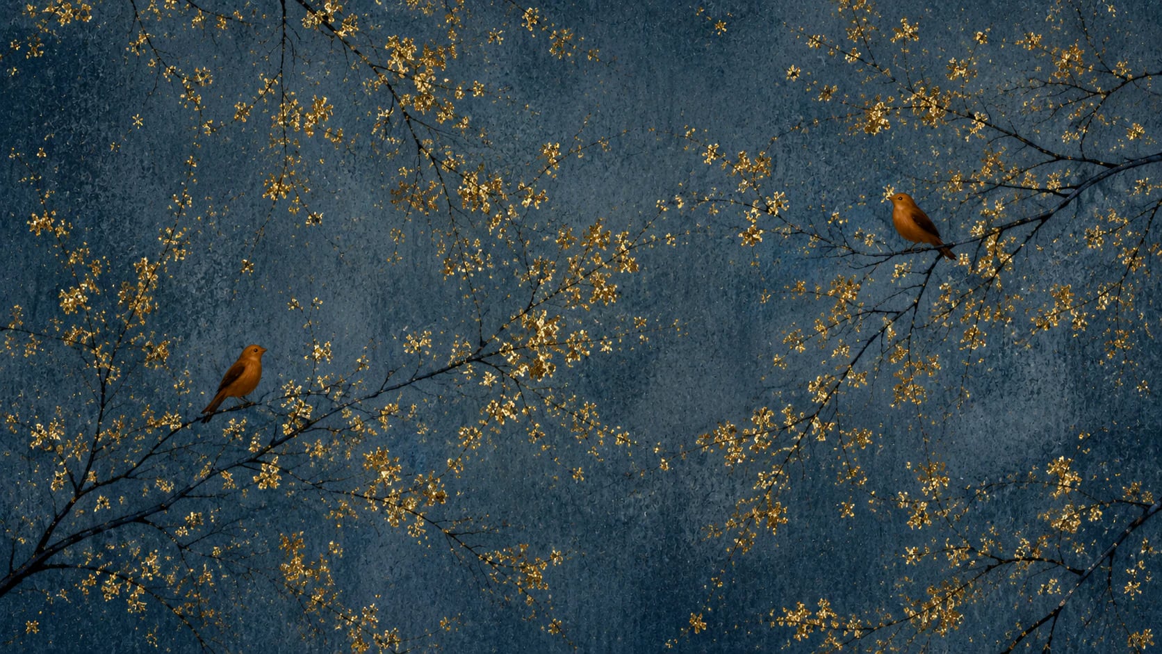 Oiseau chanteur et fleurs dorées
