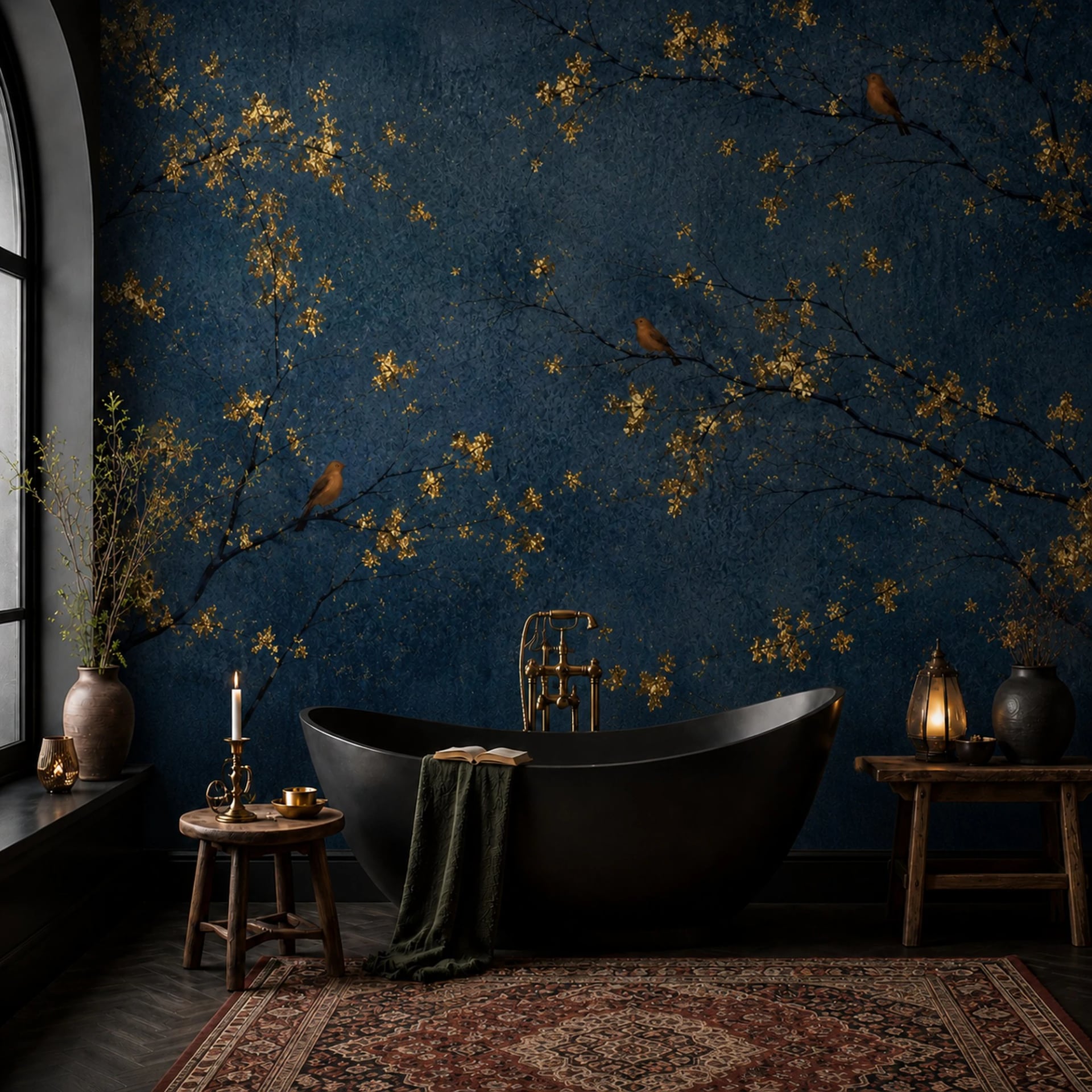 Midnight Gold Blossom wall mural shown in a styled interior, view 1