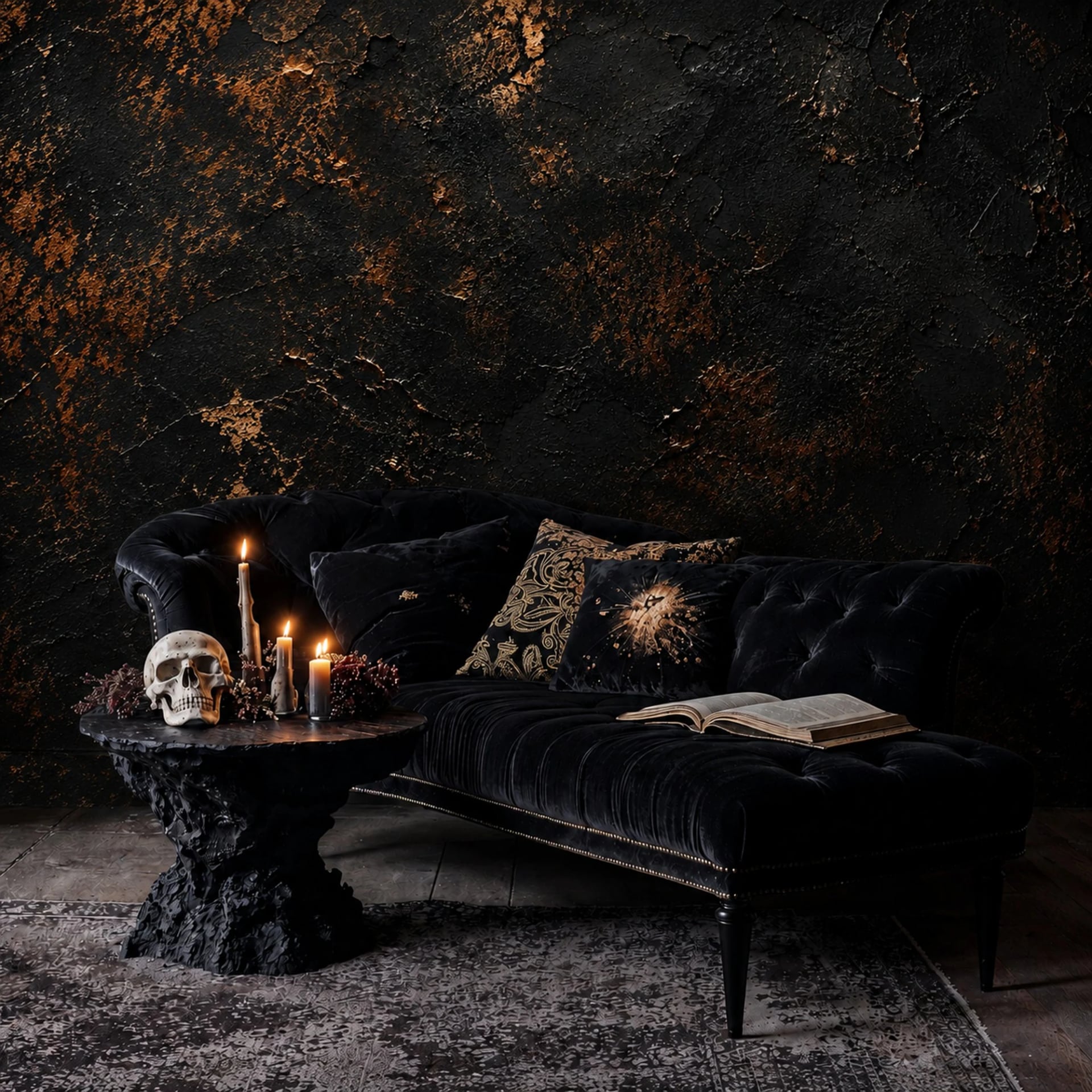 Black Gilded Plaster wall mural shown in a styled interior, view 2