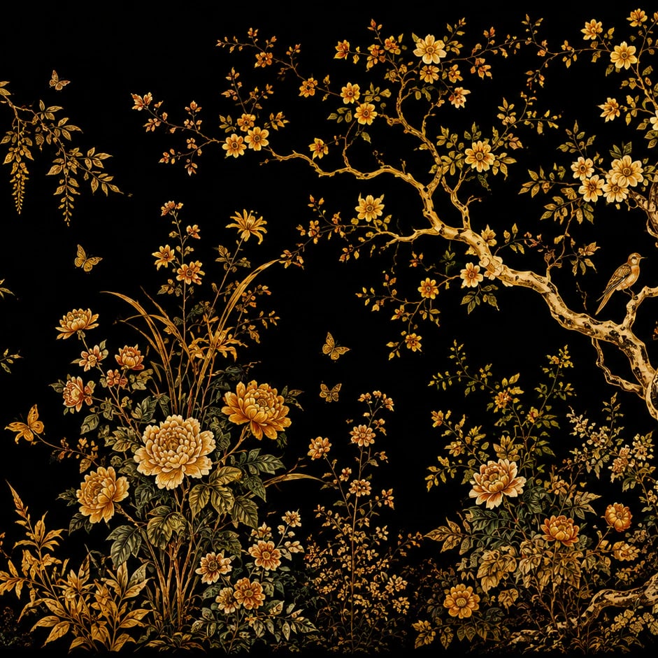 Primer plano del diseño Flores doradas a medianoche a escala de impresión