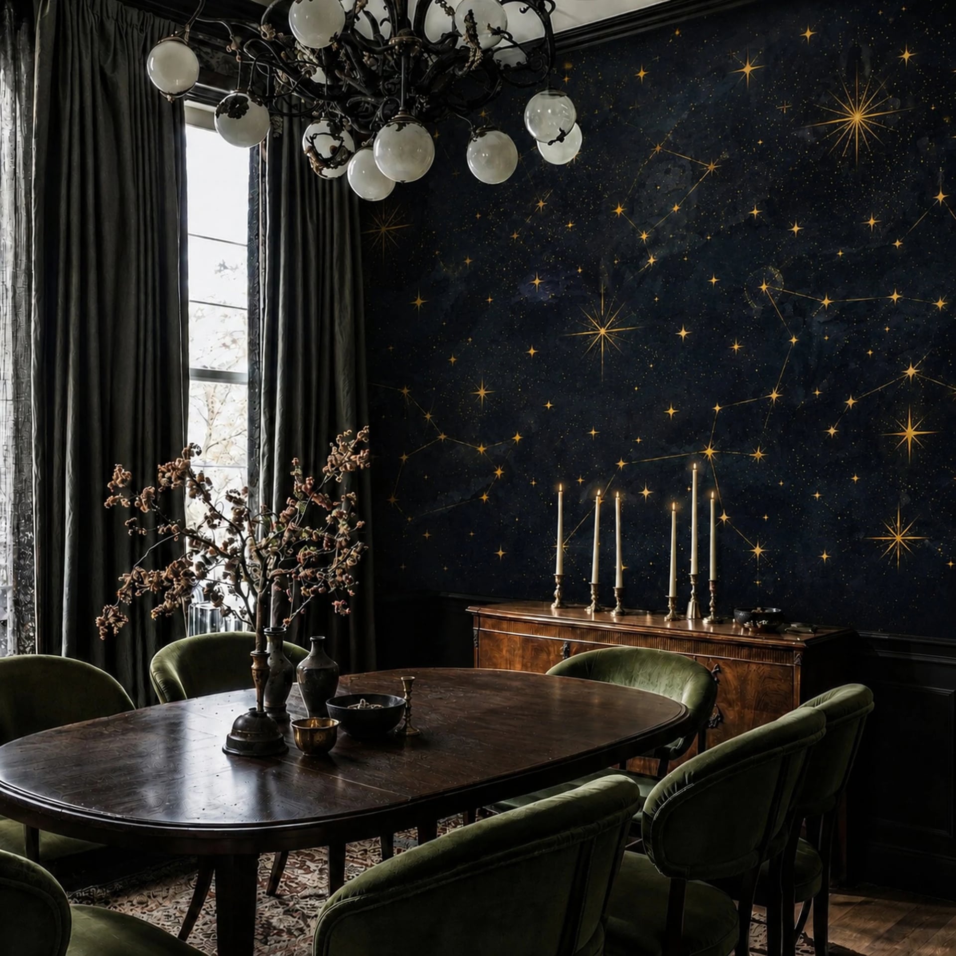Papier peint panoramique Constellations célestes dorées présenté dans un intérieur décoré, vue 2