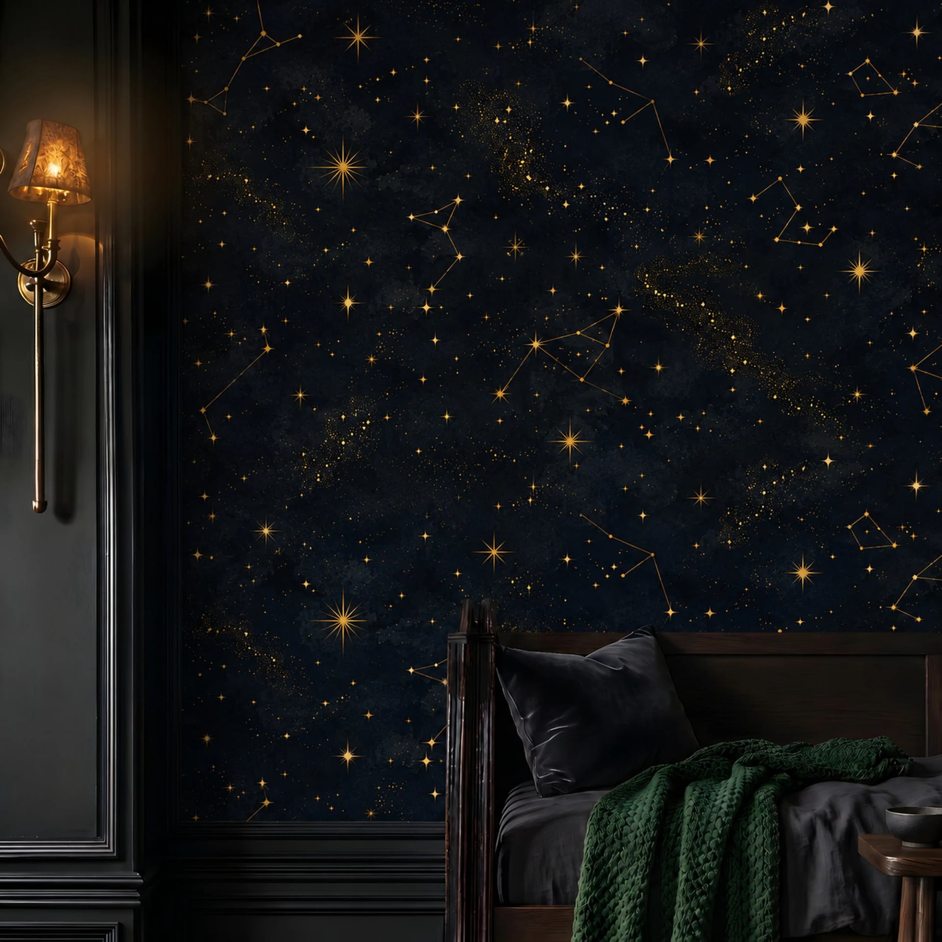Papier peint panoramique Ciel de constellations nocturne présenté dans un intérieur décoré, vue 2