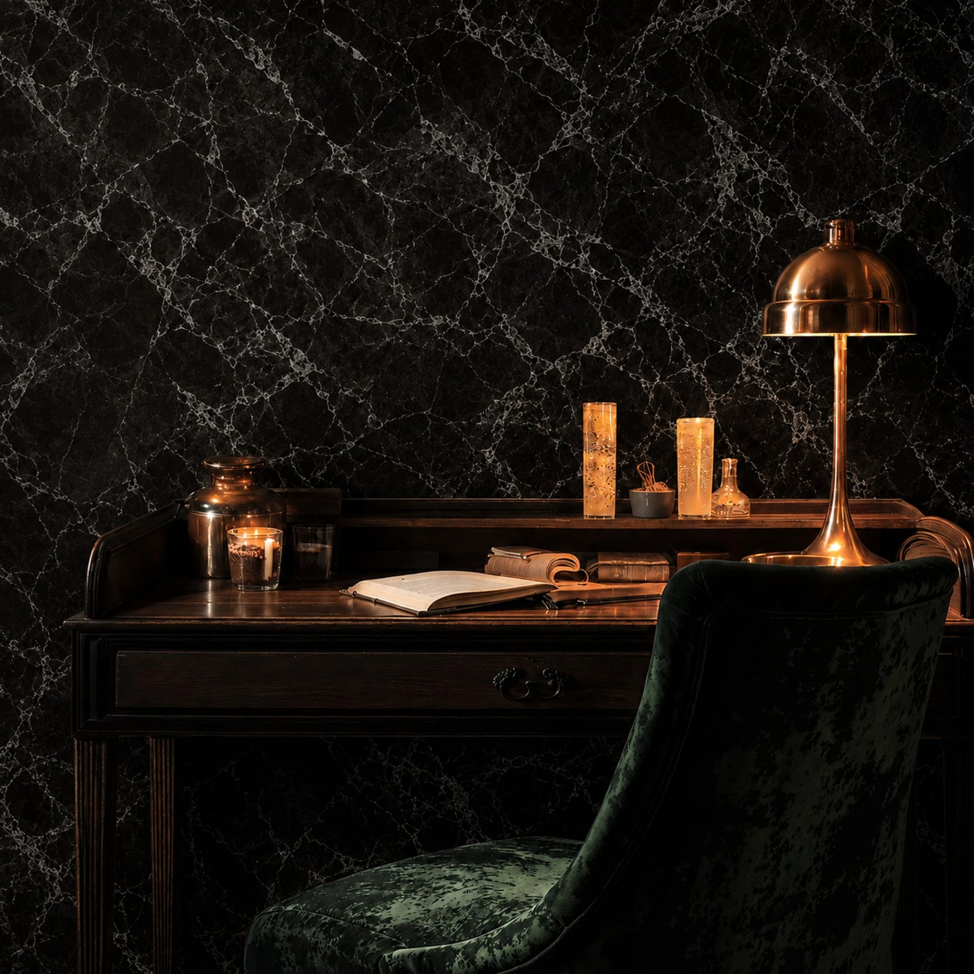 Midnight Marquina Marble wall mural shown in a styled interior, view 2