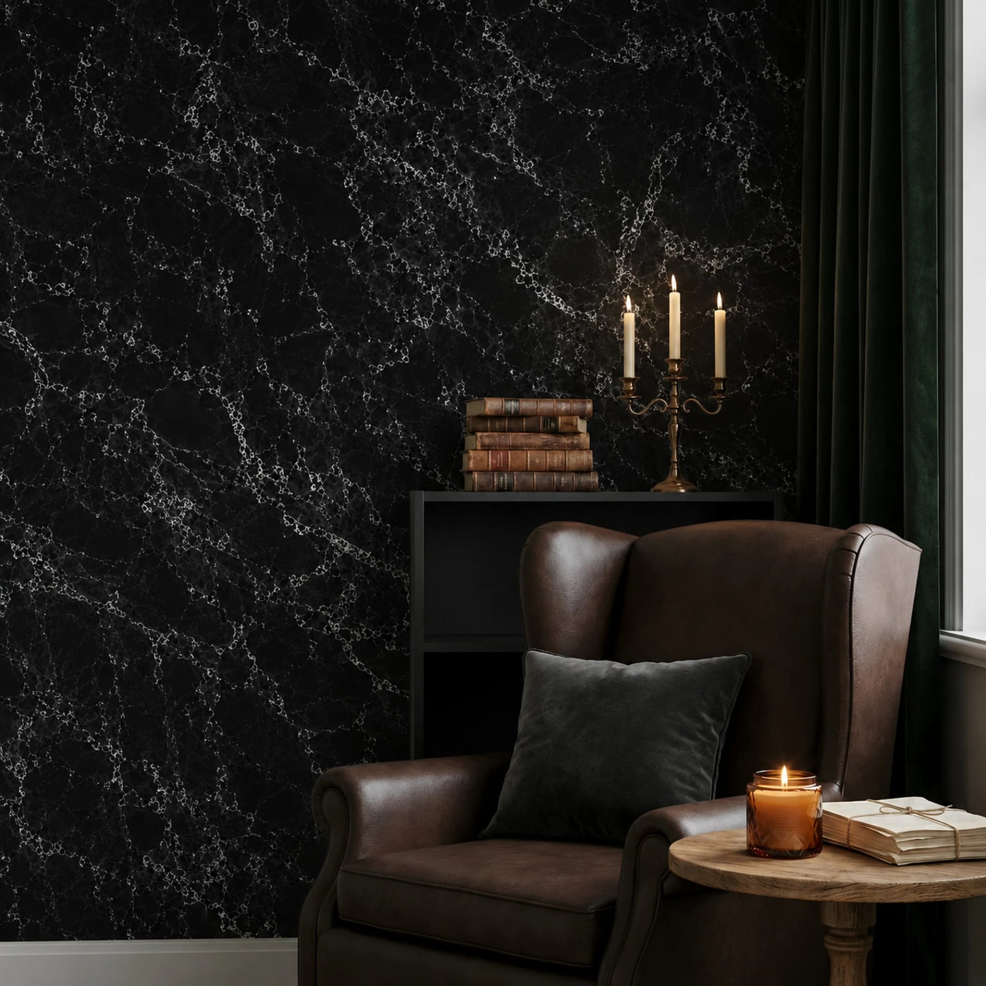 Nero Marquina Marble wall mural shown in a styled interior, view 2