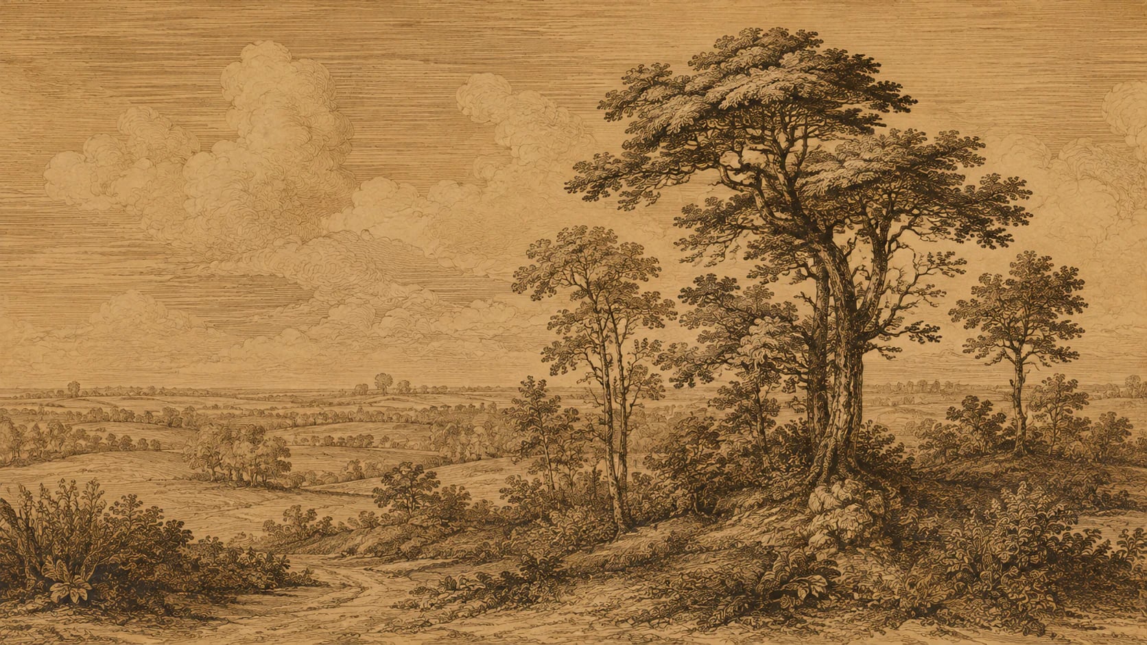 Wald-Radierung in Sepia