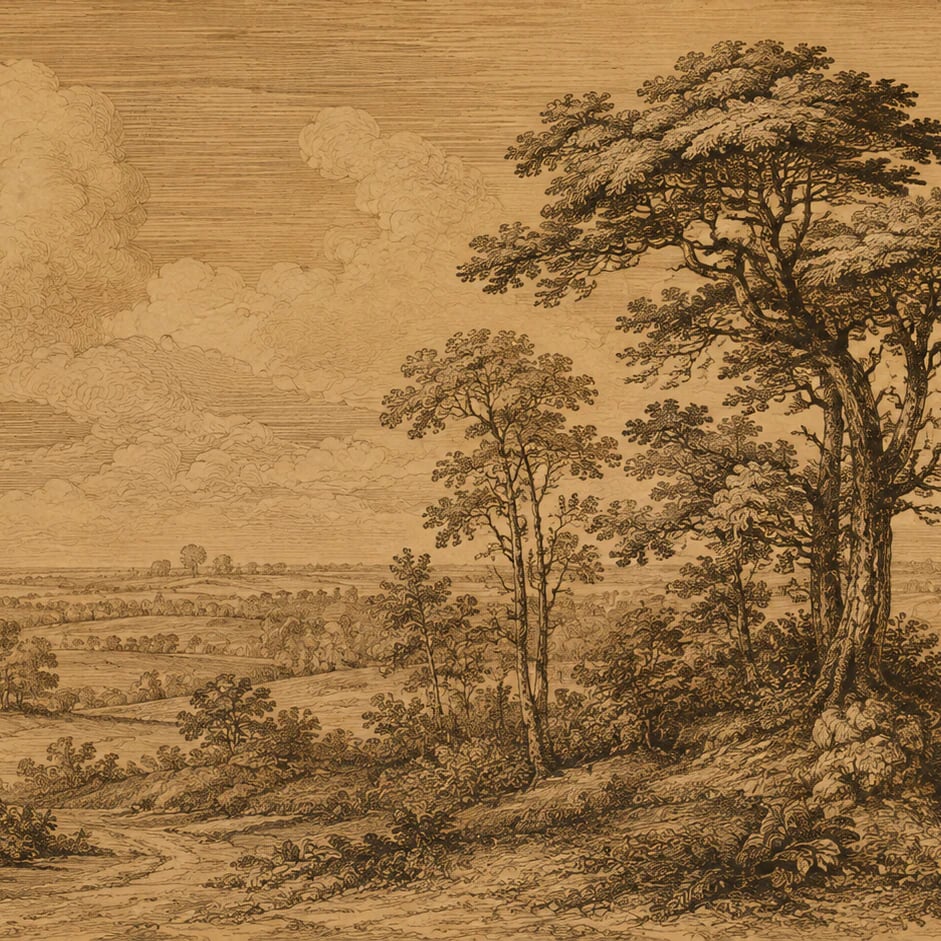 Nahaufnahme des Kunstwerks Wald-Radierung in Sepia im Druckmaßstab