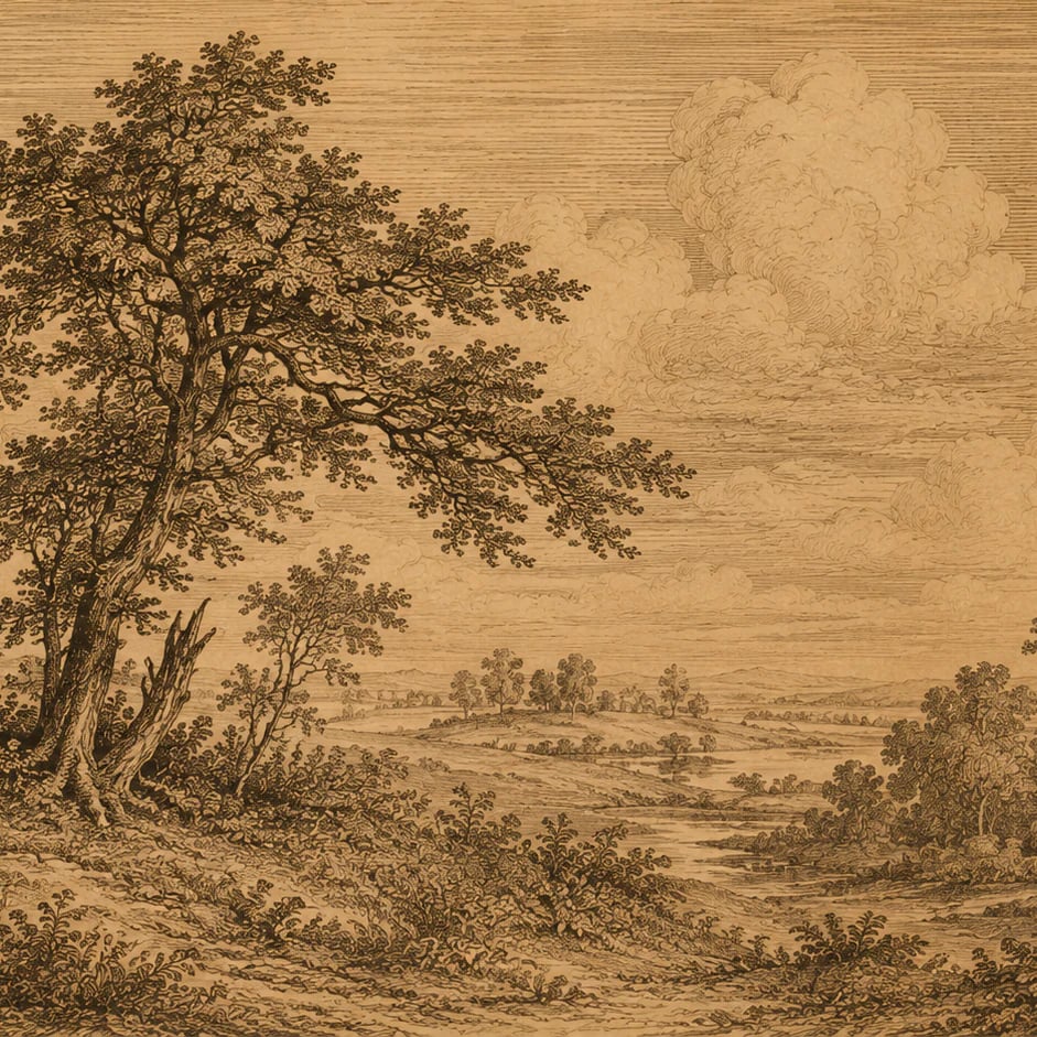 Gros plan sur le motif Prairie aux vieux chênes à l'échelle d'impression