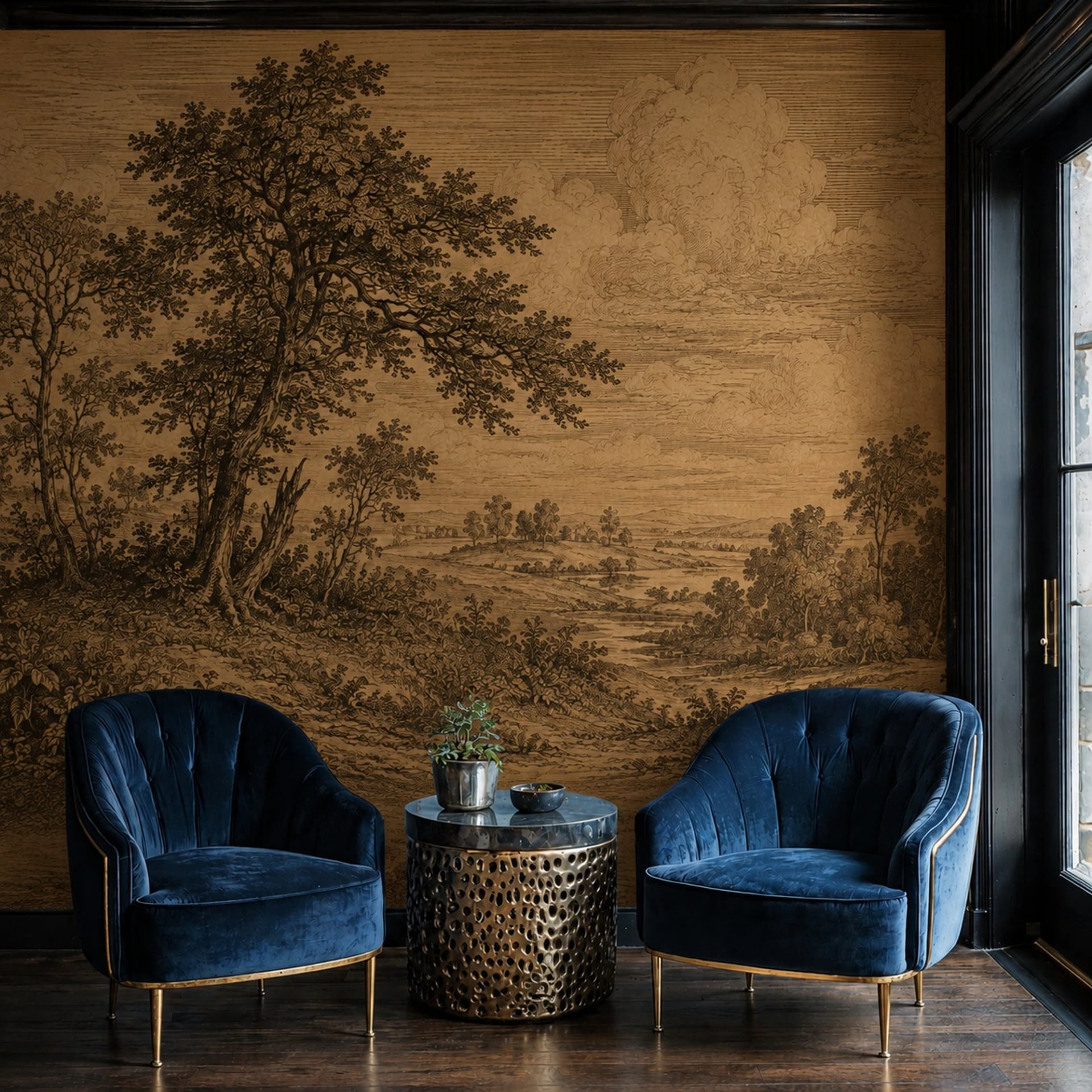 Papier peint panoramique Prairie aux vieux chênes présenté dans un intérieur décoré, vue 2