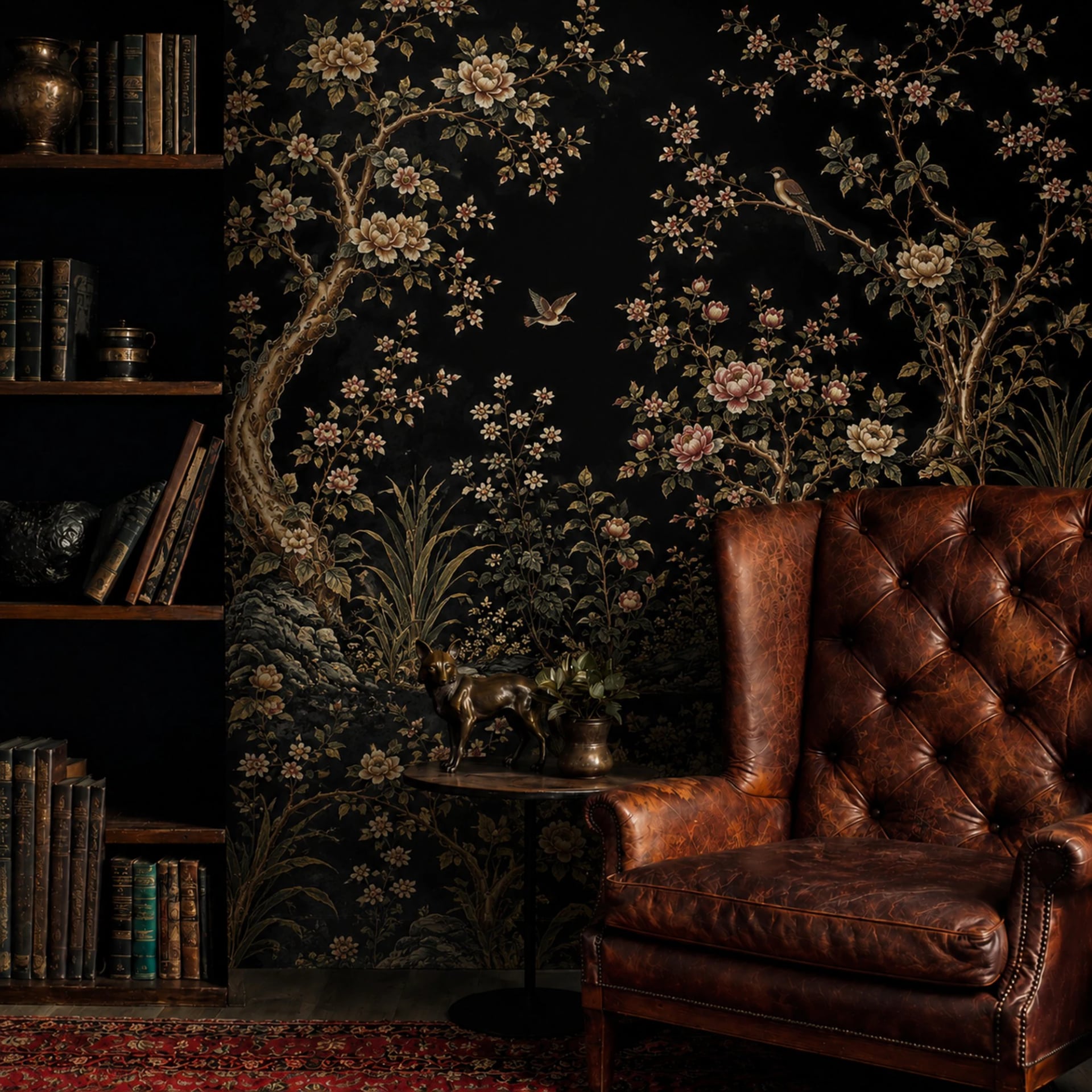 Midnight Chinoiserie Bloom wall mural shown in a styled interior, view 2
