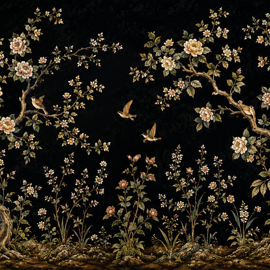 Close-up of the Midnight Blossom Arbor artwork at printed scale
