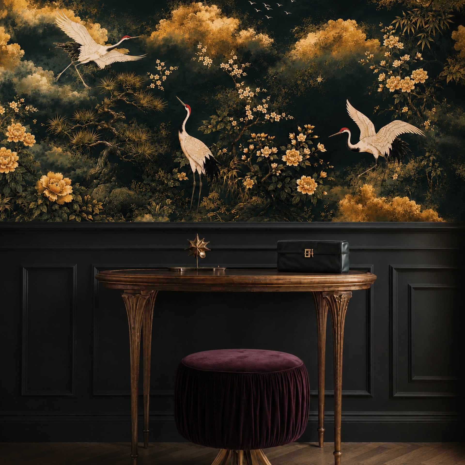 Imperial Crane Blossom wall mural shown in a styled interior, view 2