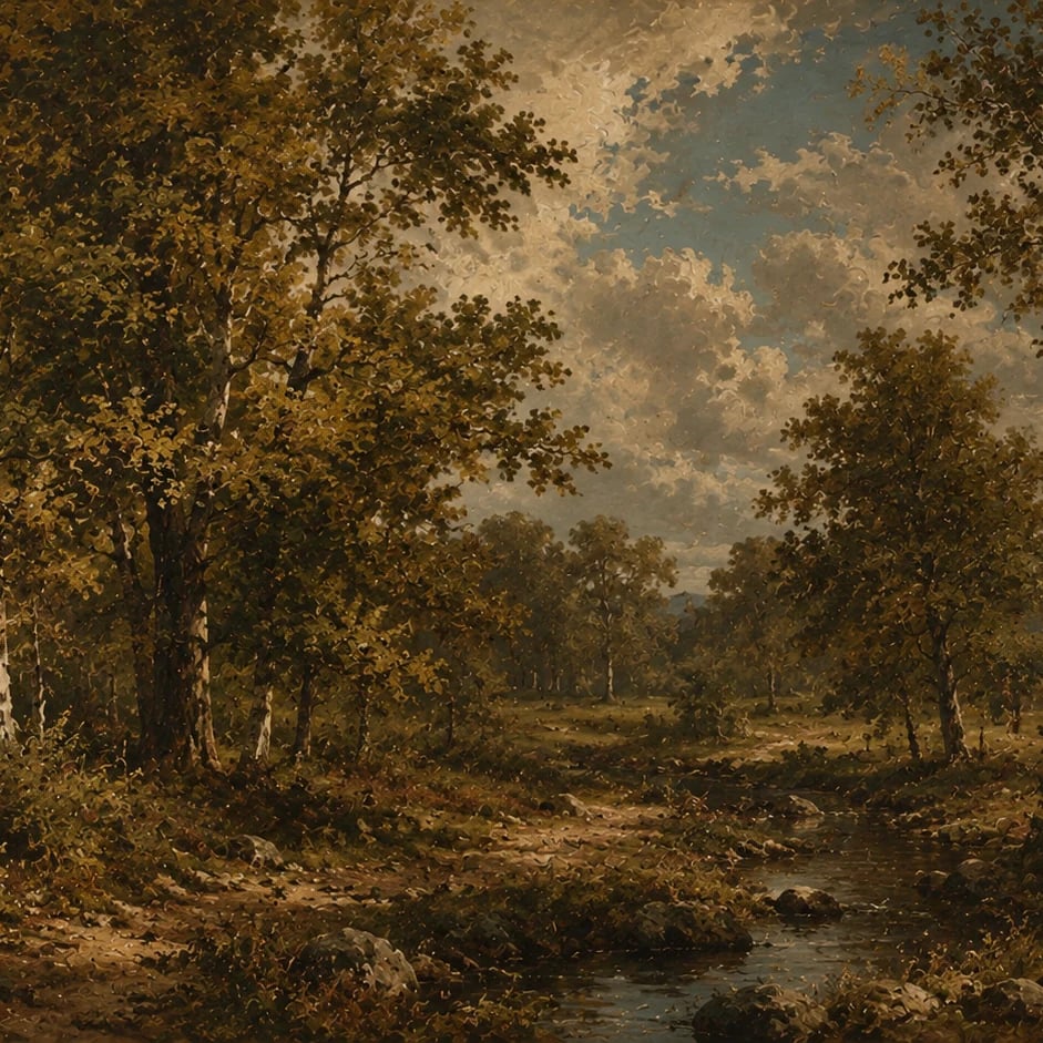 Nahaufnahme des Kunstwerks Herbstwald am Bach im Druckmaßstab