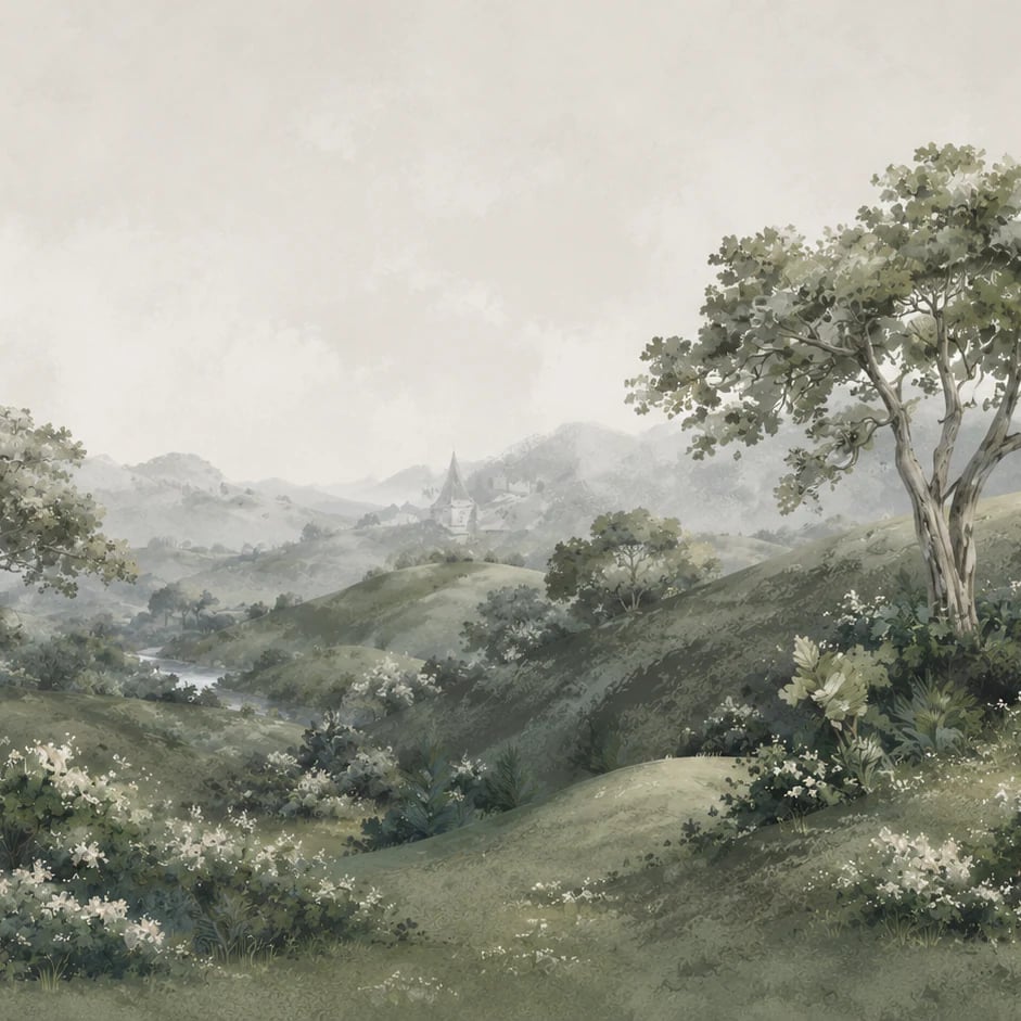 Close-up of the Misty Valley Grove artwork at printed scale