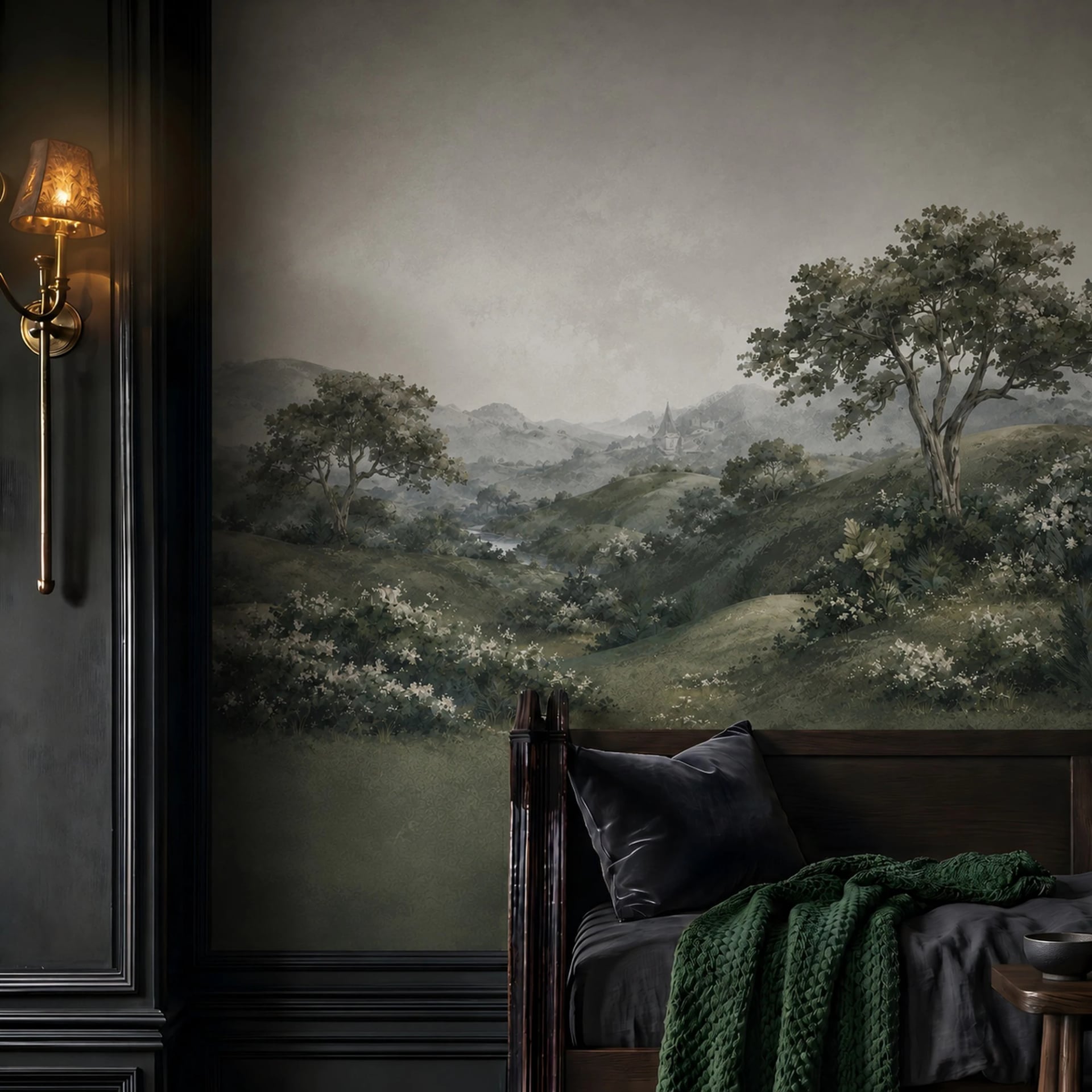 Misty Valley Grove wall mural shown in a styled interior, view 2