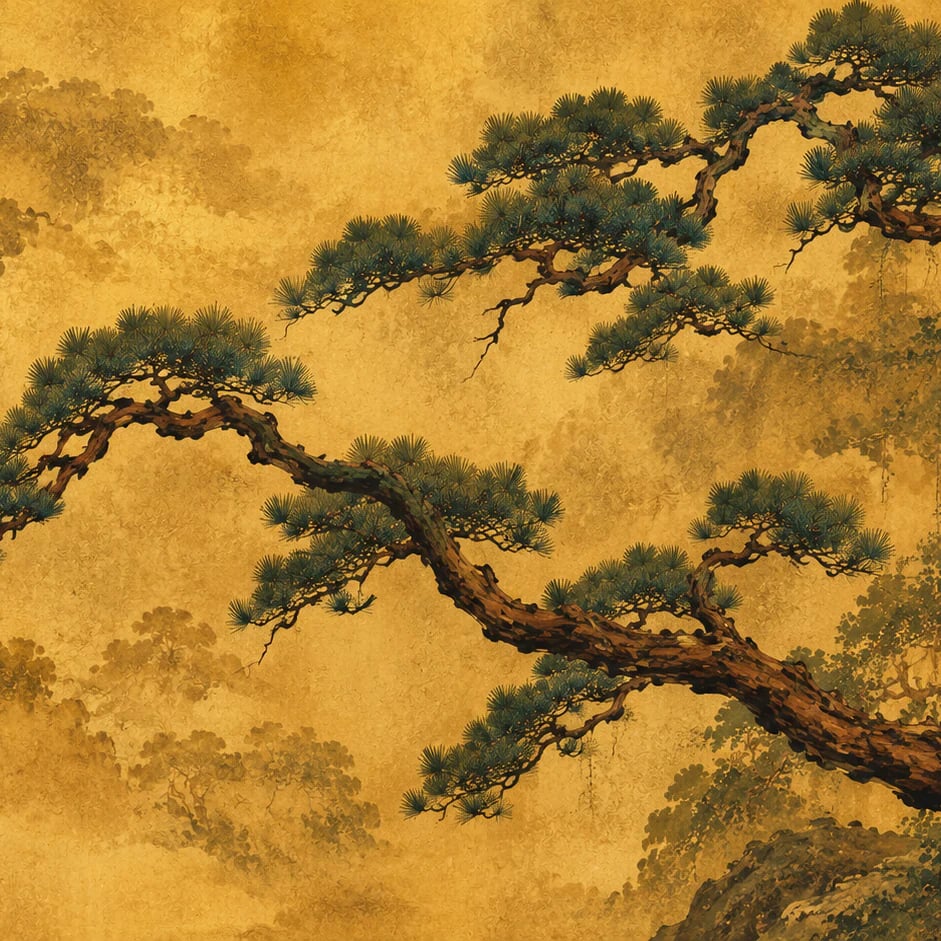 Nahaufnahme des Kunstwerks Goldene japanische Kiefer im Druckmaßstab