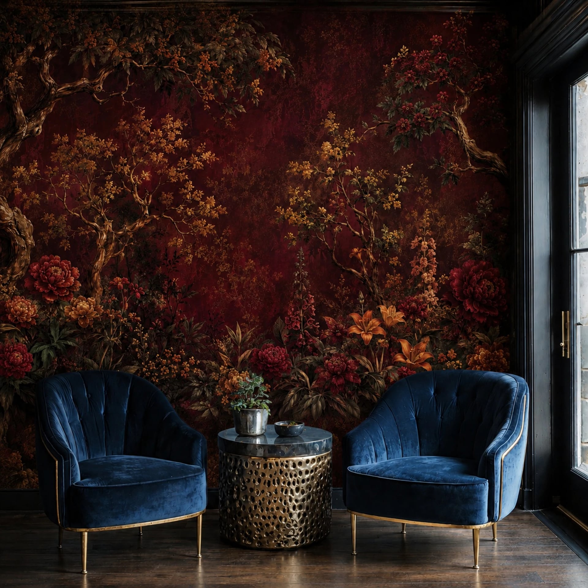 Baroque Crimson Arbor wall mural shown in a styled interior, view 2