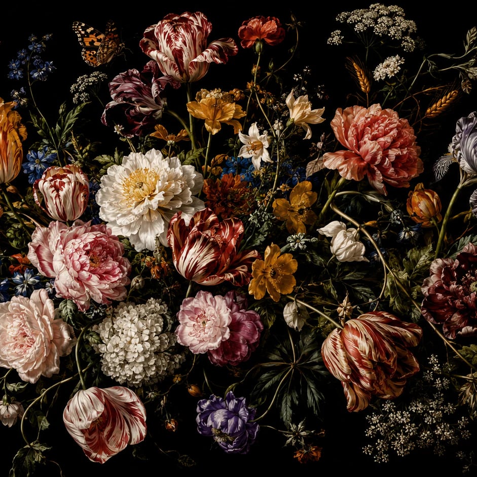 Close-up of the Dutch Baroque Peonies artwork at printed scale