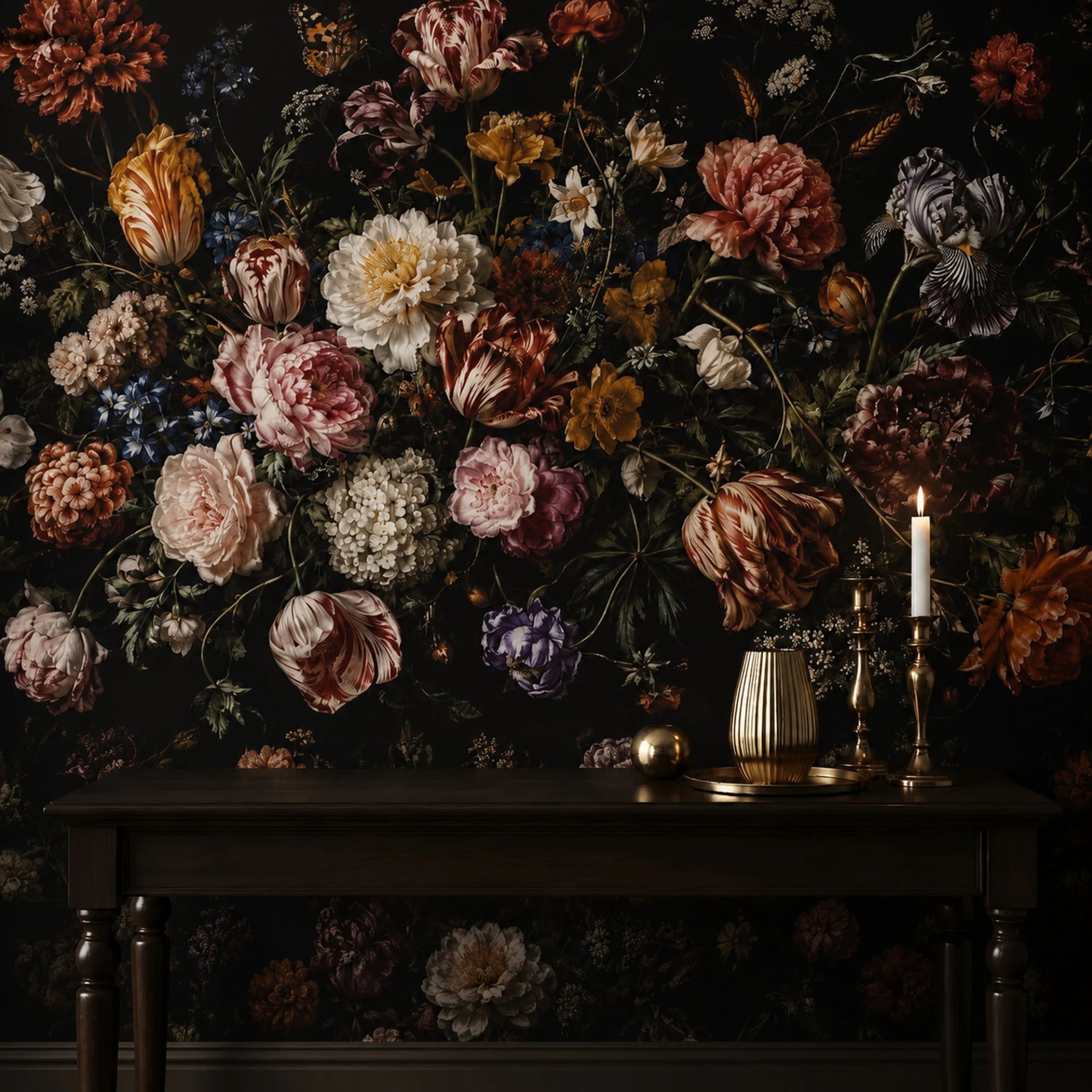 Dutch Baroque Peonies wall mural shown in a styled interior, view 2