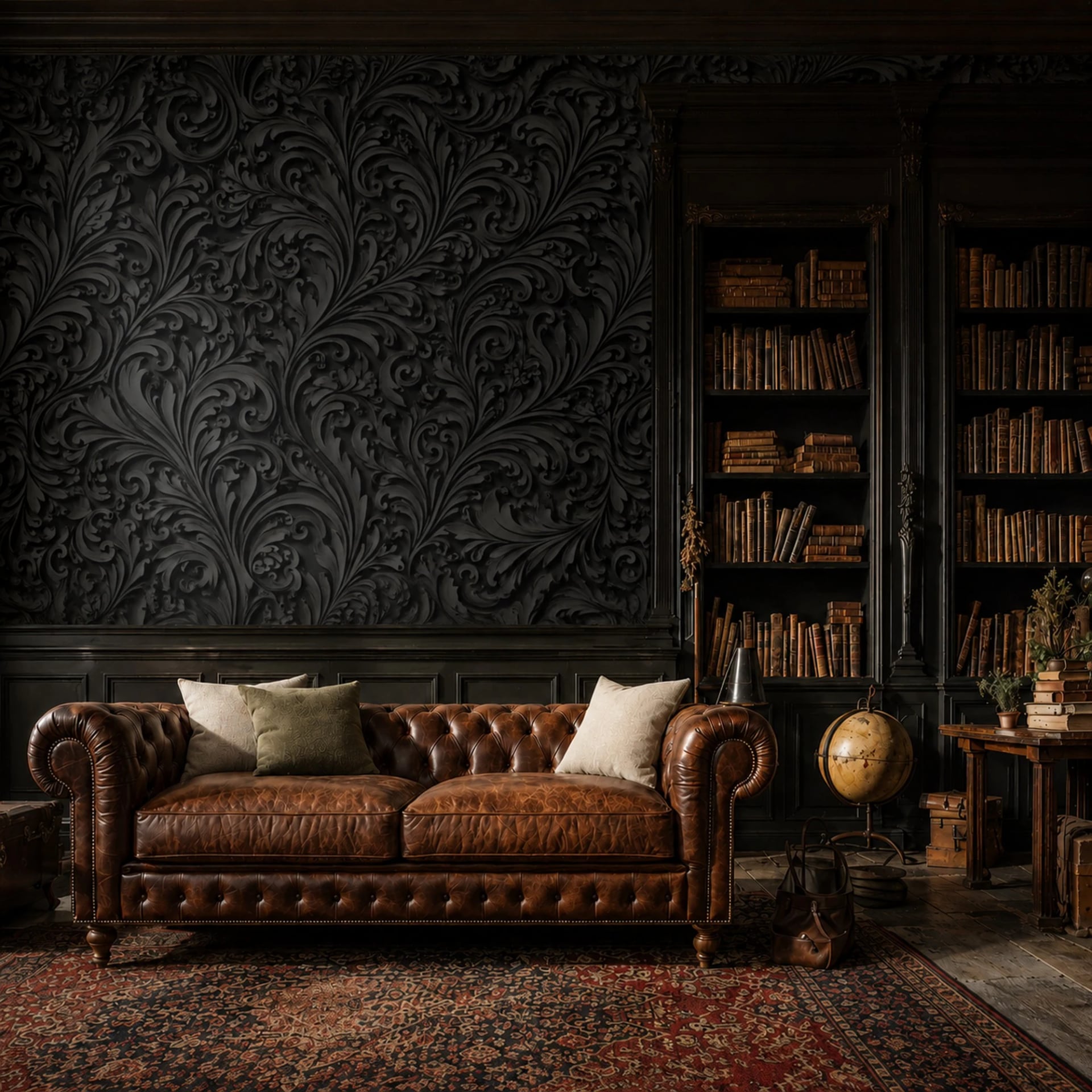Black Baroque Acanthus wall mural shown in a styled interior, view 2