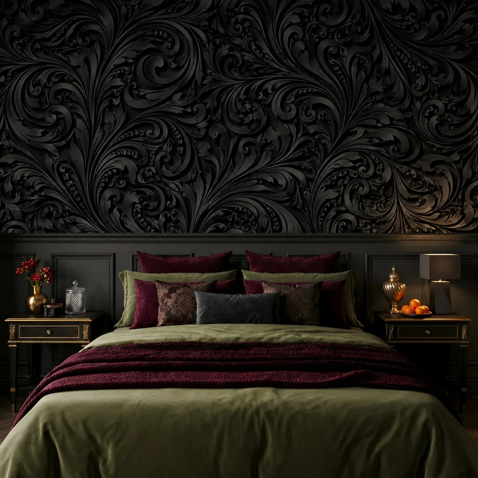 Fotomural Volutas de acanto en obsidiana en un interior decorado, vista 2
