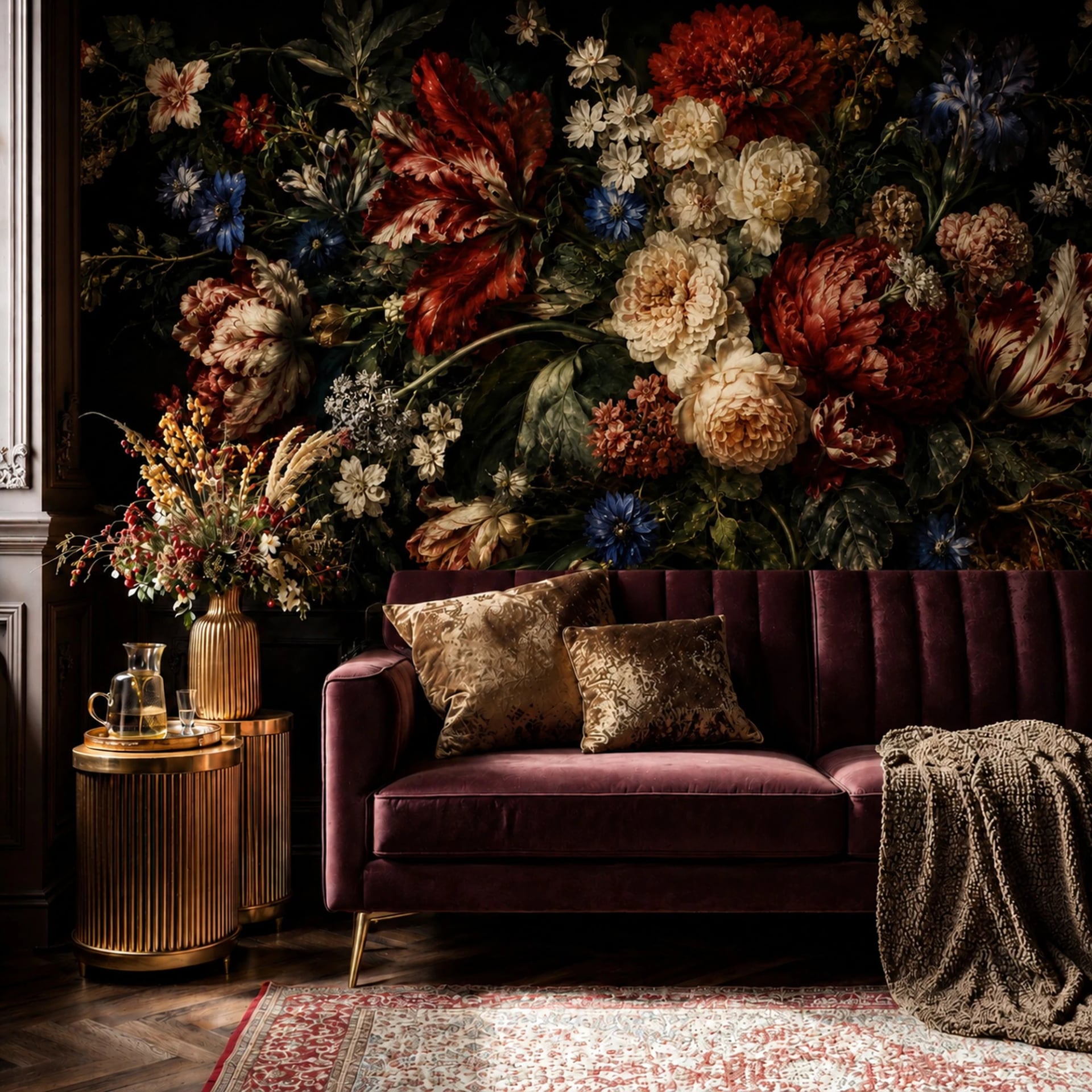 Dutch Master Floral wall mural shown in a styled interior, view 1