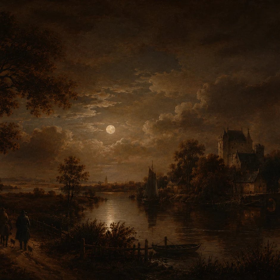 Nahaufnahme des Kunstwerks Fluss-Nocturne im Mondschein im Druckmaßstab