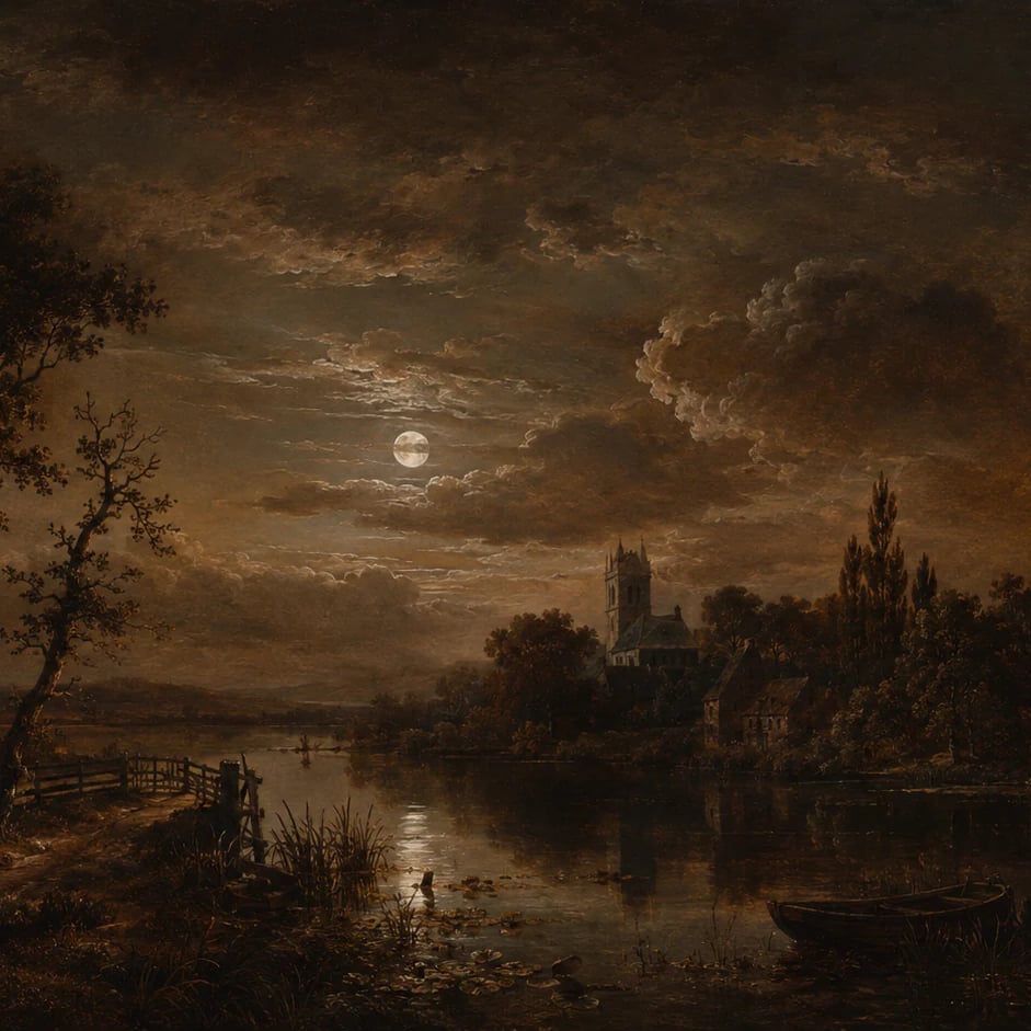 Close-up of the Moonlit River Church artwork at printed scale