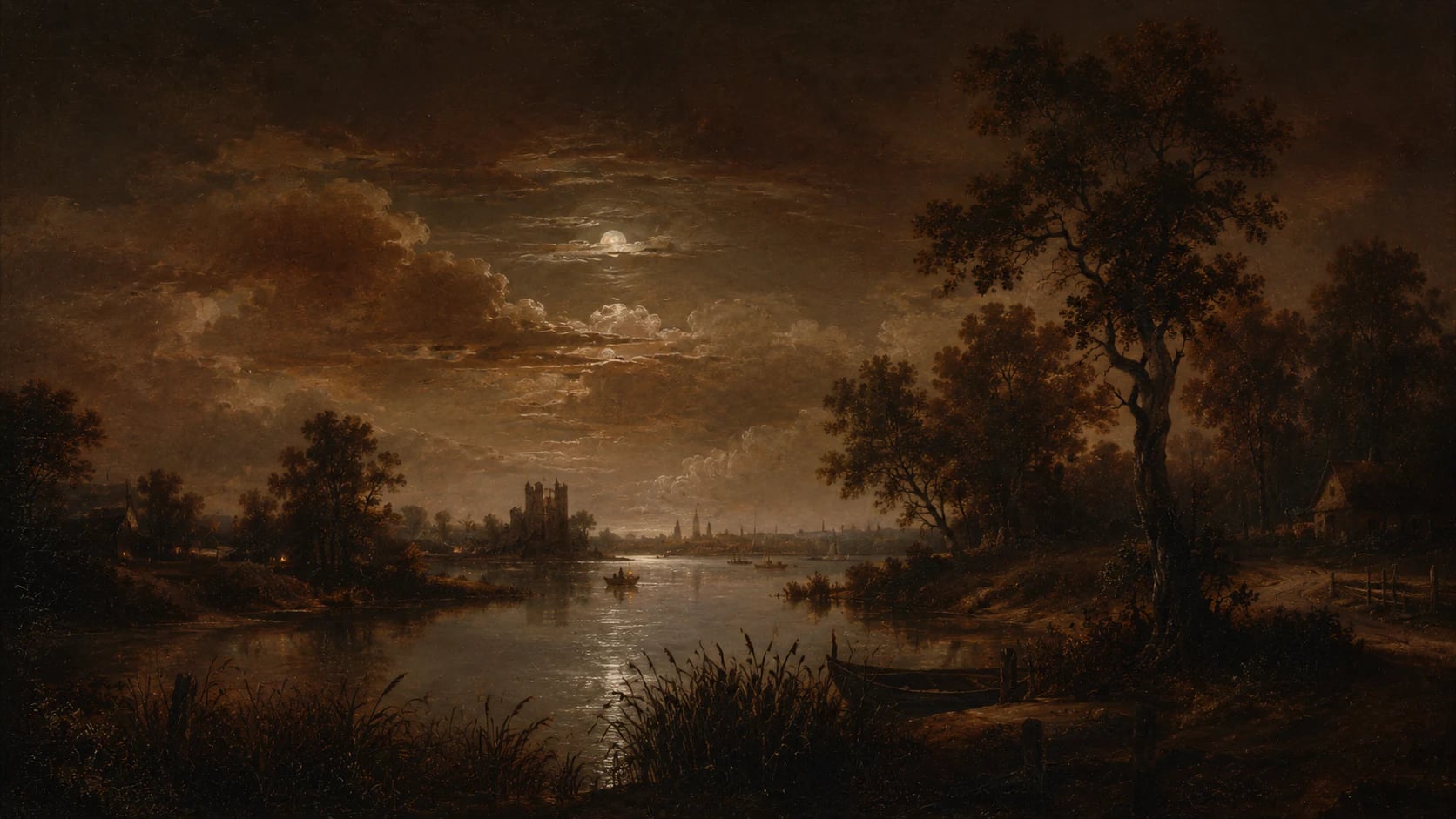 Ruinas junto al río bajo la luna