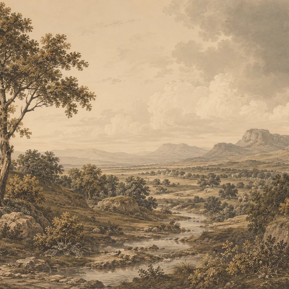 Nahaufnahme des Kunstwerks Talbach in Sepia im Druckmaßstab