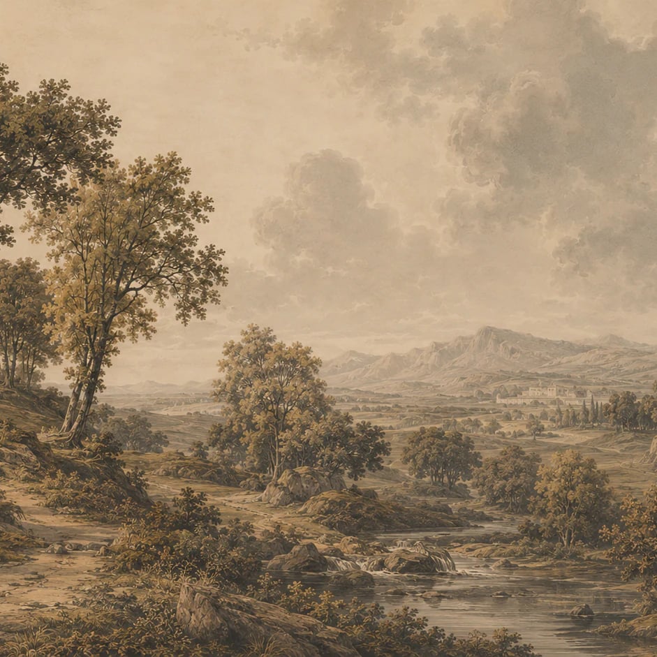 Gros plan sur le motif Vallée fluviale sépia à l'échelle d'impression