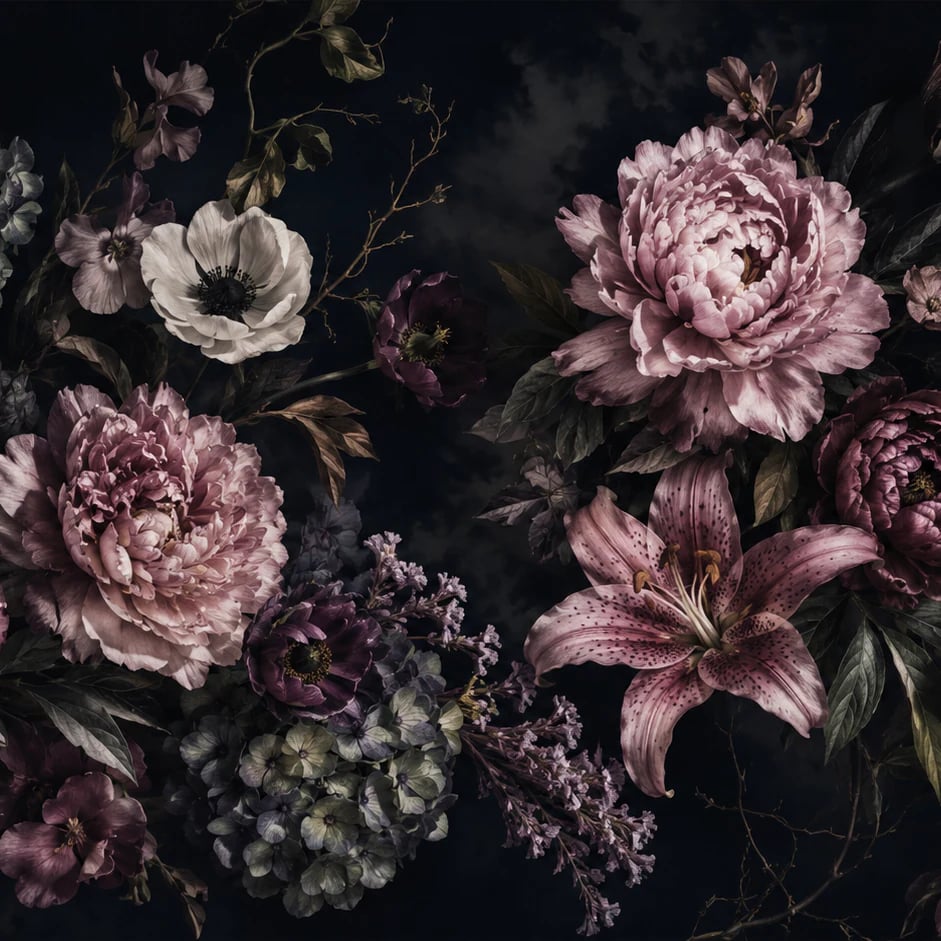 Close-up of the Midnight Peony & Lily artwork at printed scale