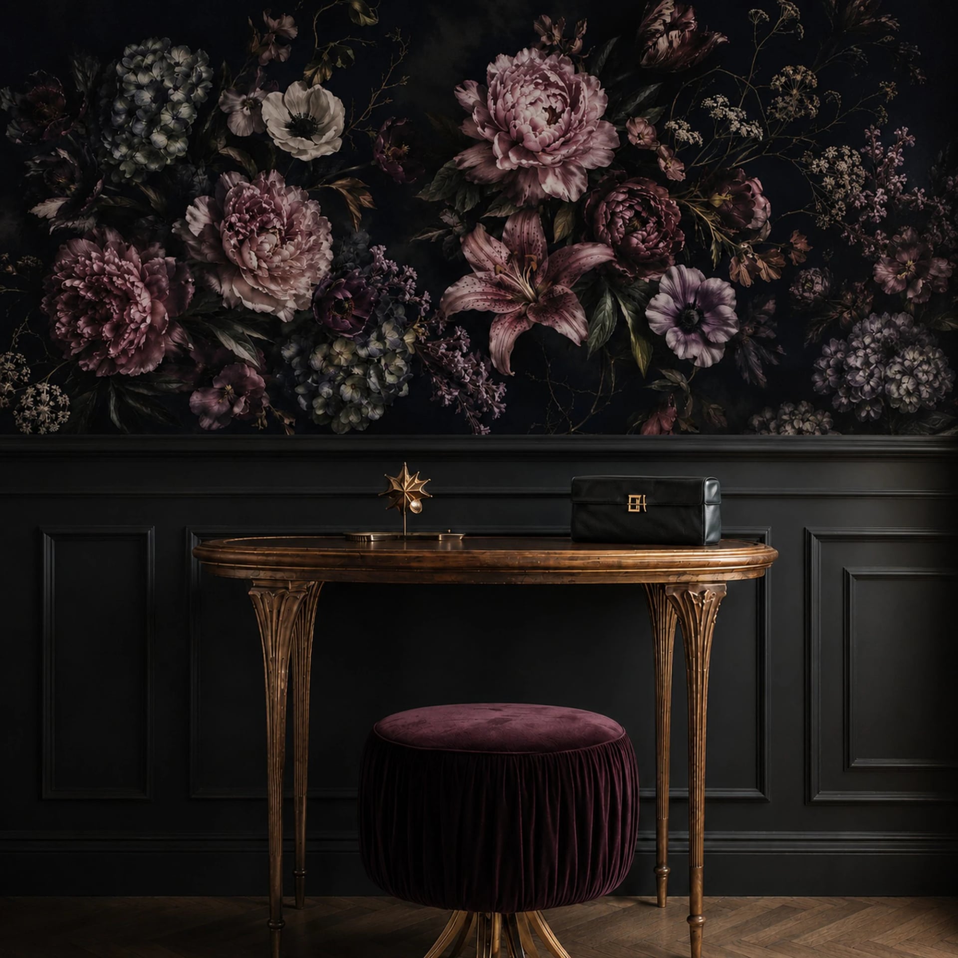Midnight Peony & Lily wall mural shown in a styled interior, view 2