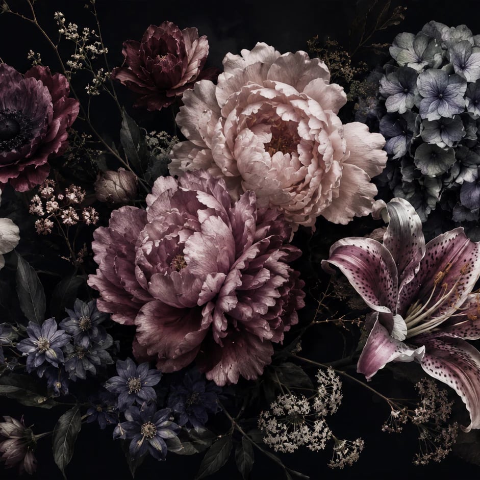 Nahaufnahme des Kunstwerks Pfingstrosen-Bouquet bei Nacht im Druckmaßstab