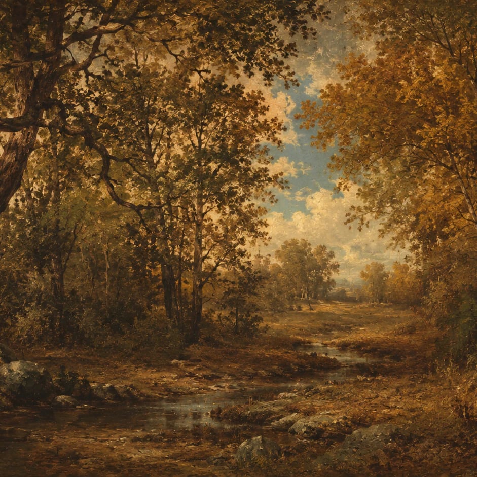 Close-up of the Autumn Forest Stream artwork at printed scale