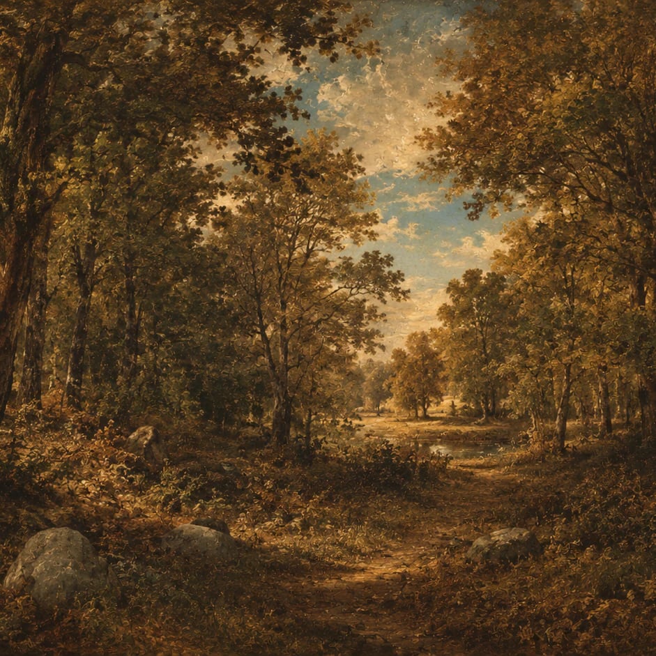 Gros plan sur le motif Clairière ambrée en forêt à l'échelle d'impression