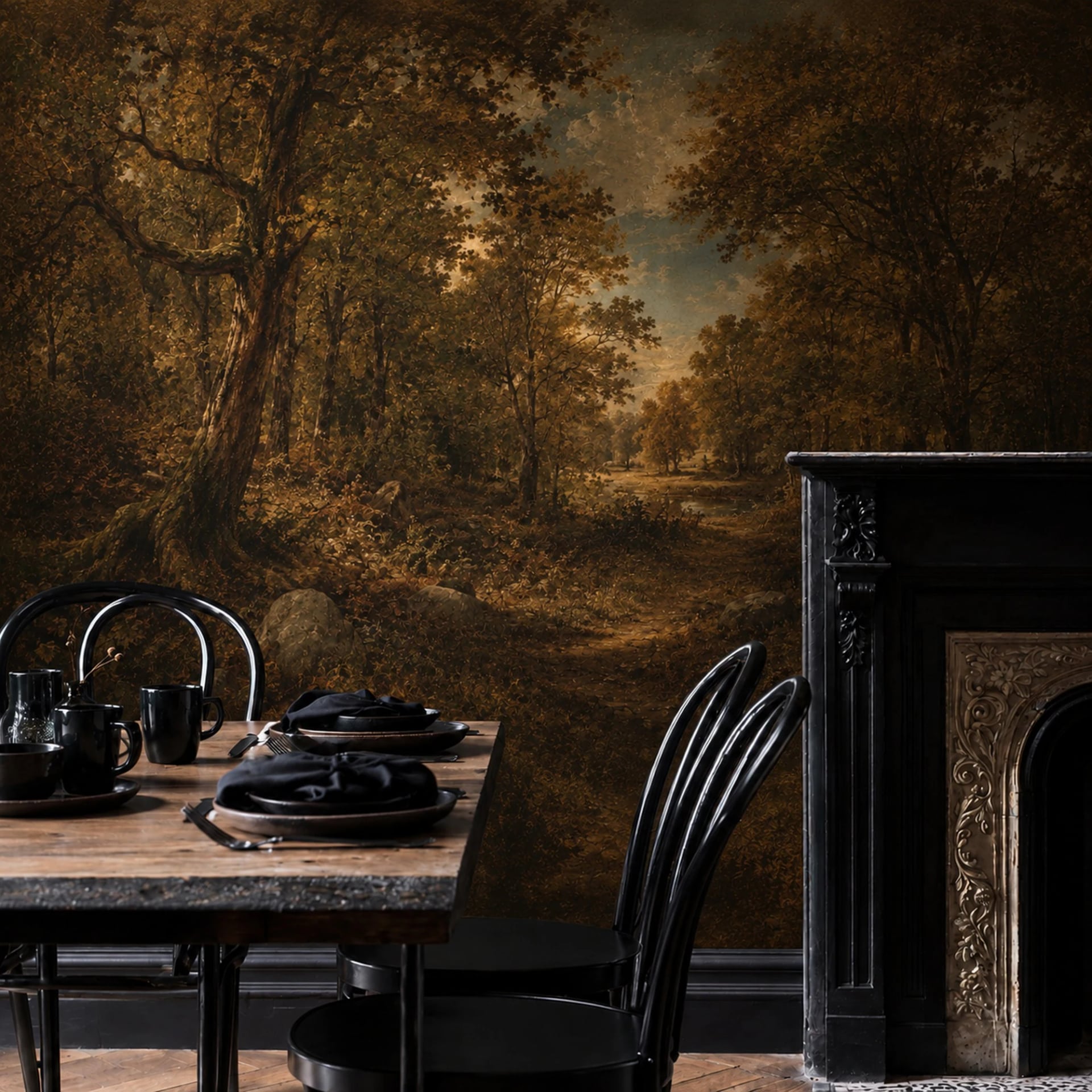 Papier peint panoramique Clairière ambrée en forêt présenté dans un intérieur décoré, vue 2