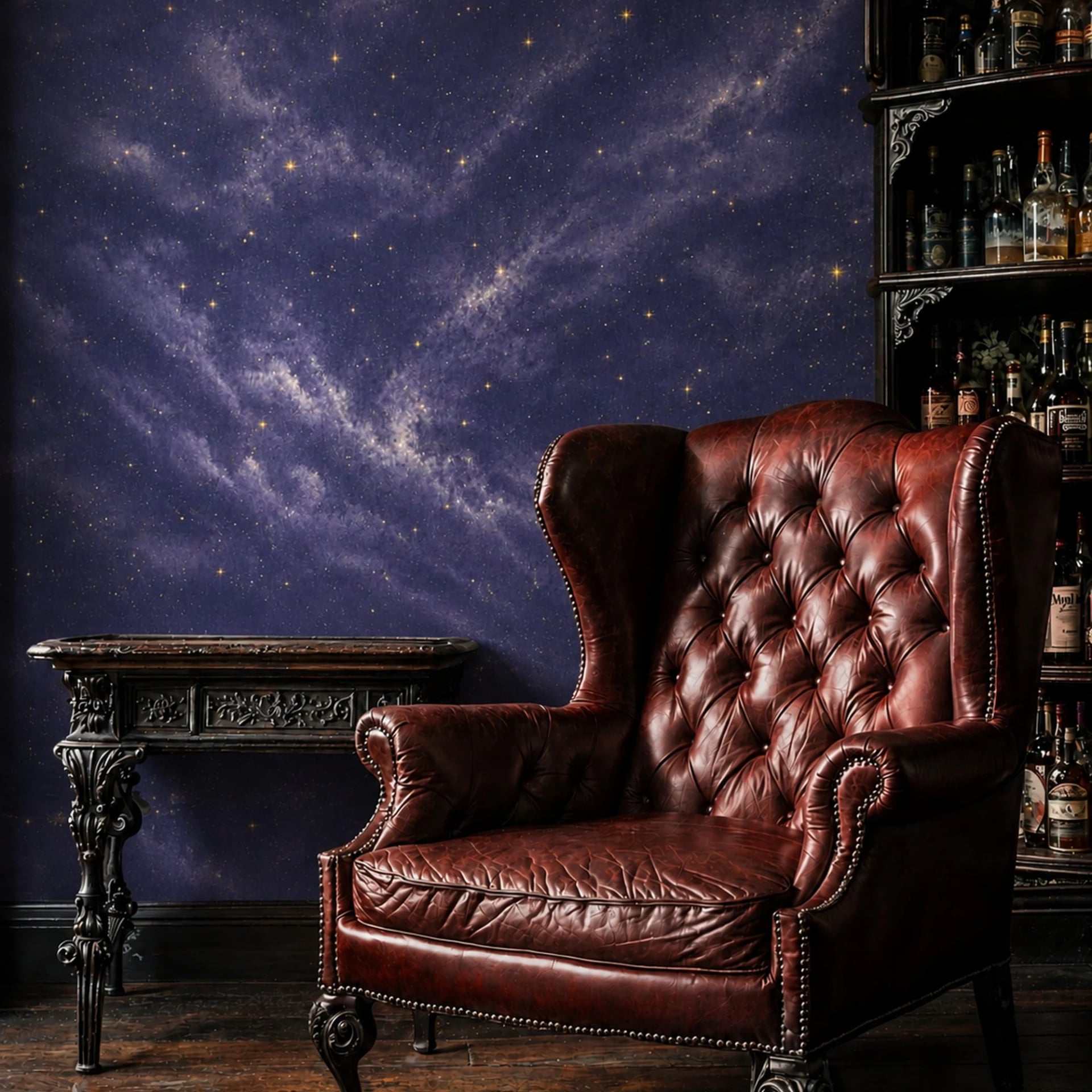 Kosmisches Sternenlicht in Indigo Fototapete in einem stilvoll eingerichteten Raum, Ansicht 2