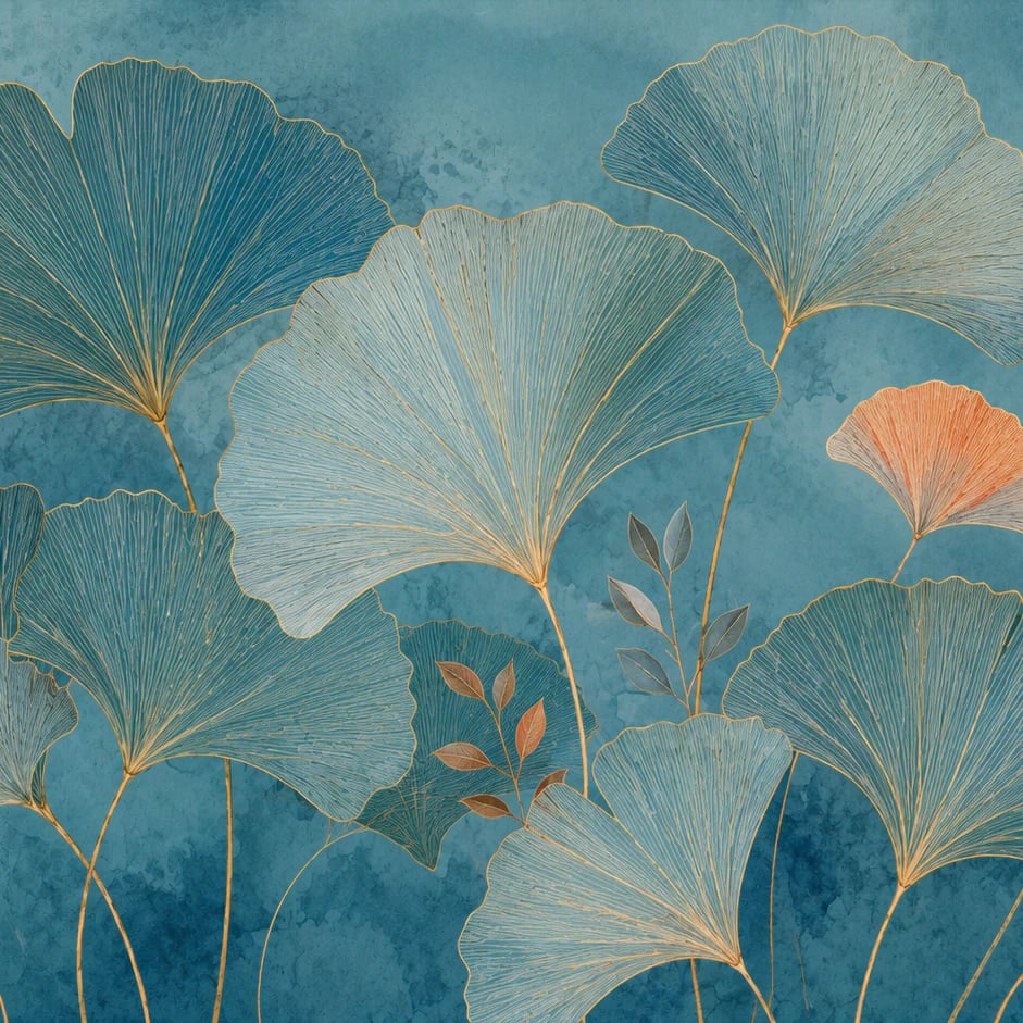 Primer plano del diseño Abanico de ginkgo verde azulado a escala de impresión