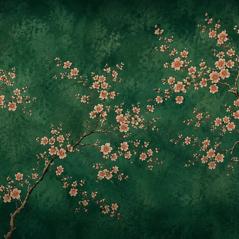 Gros plan sur le motif Arbre en fleurs émeraude à l'échelle d'impression