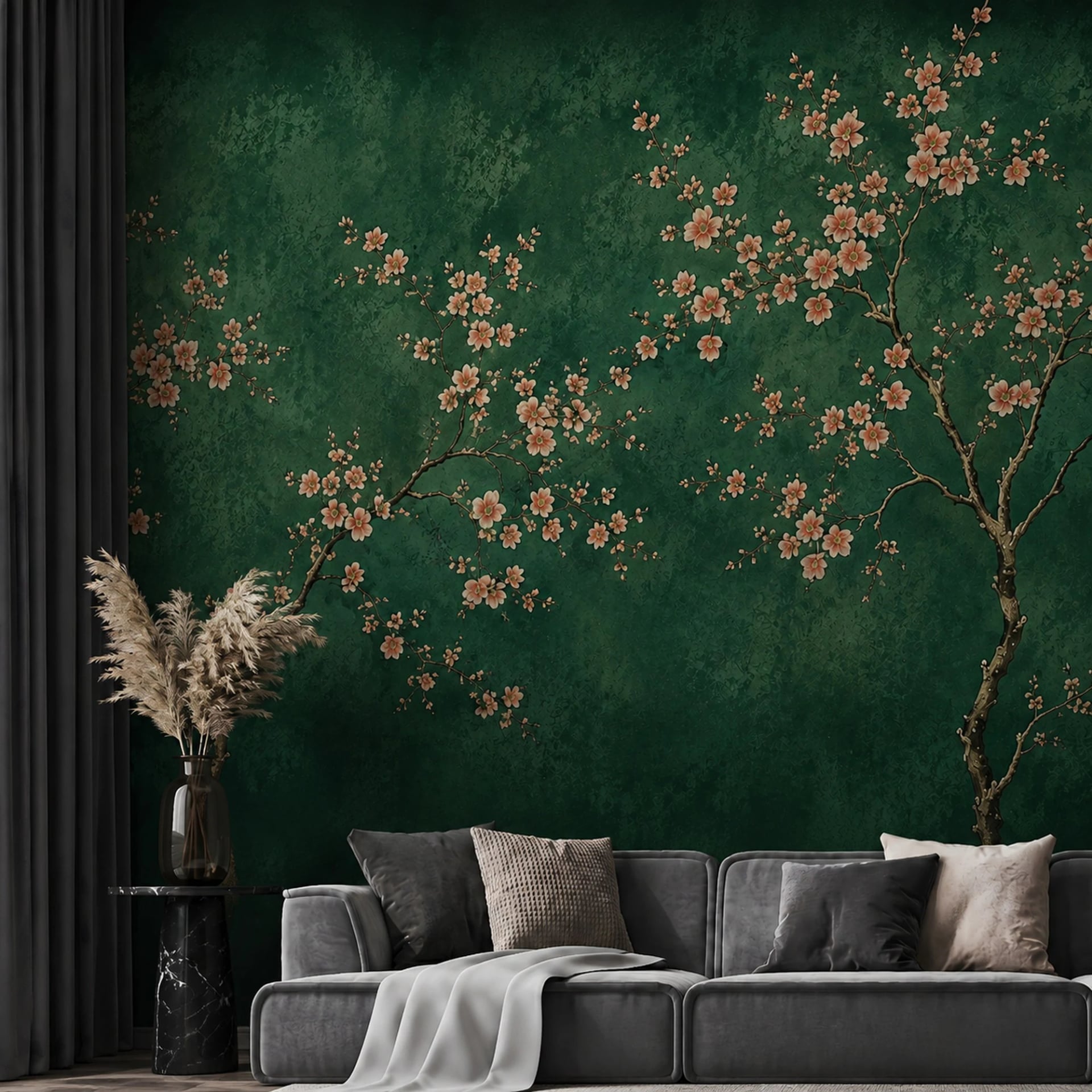 Papier peint panoramique Arbre en fleurs émeraude présenté dans un intérieur décoré, vue 2
