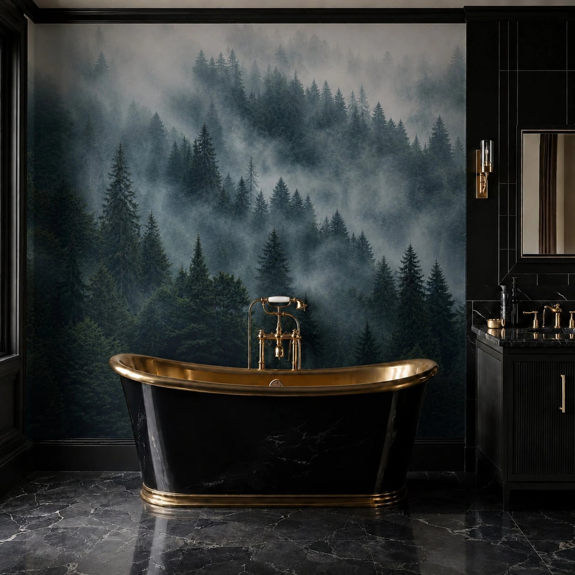 Misty Fir Forest wall mural shown in a styled interior, view 2
