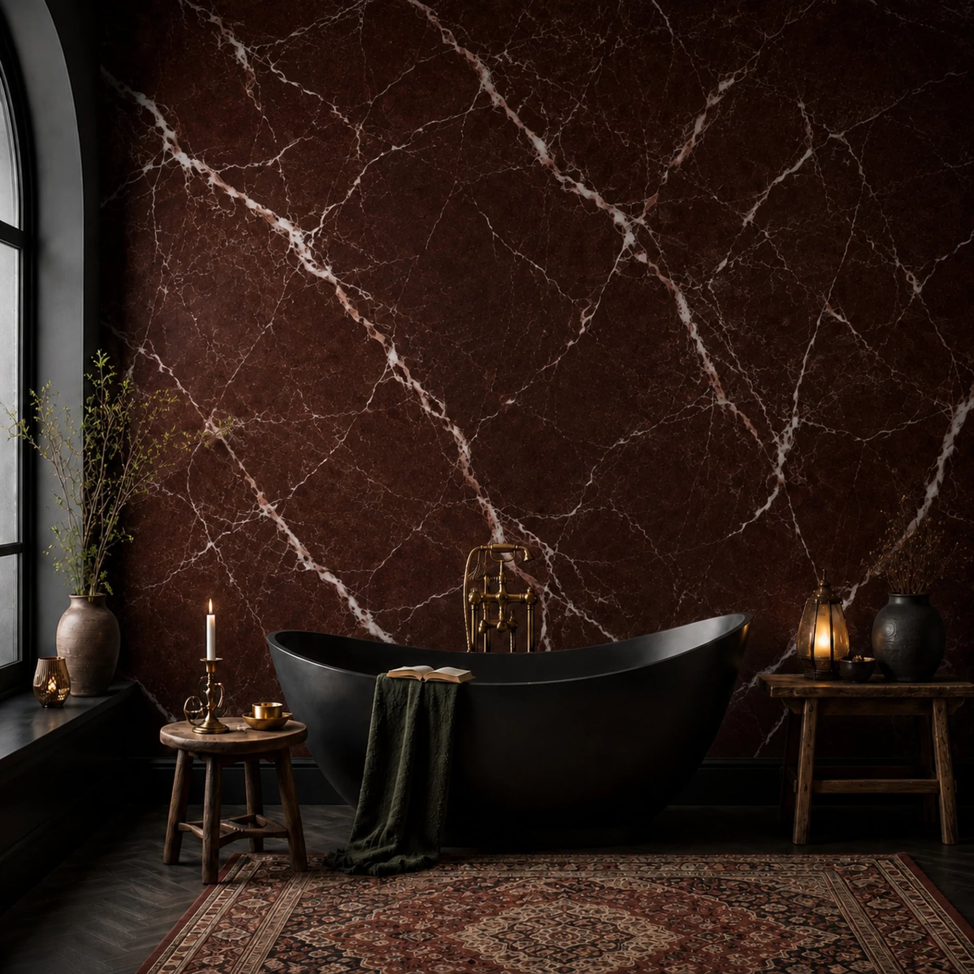 Burgundy Rosso Marble wall mural shown in a styled interior, view 1